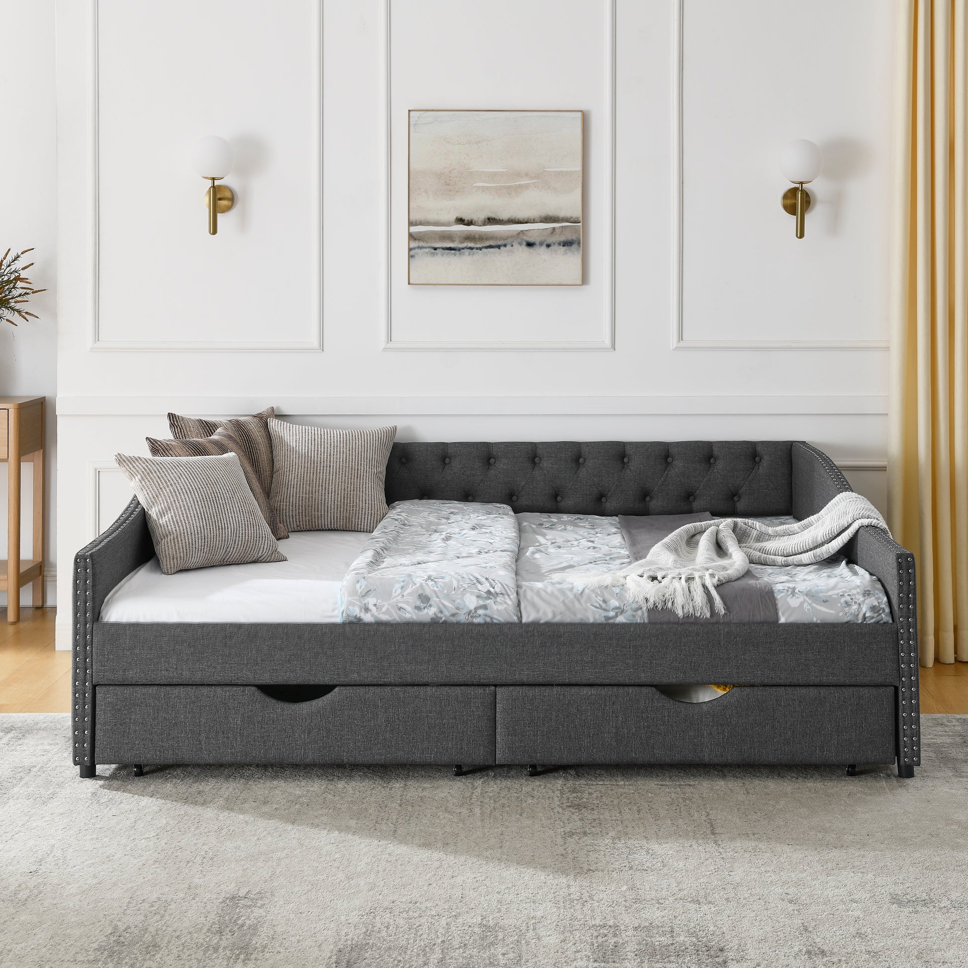 Queen Size Daybed With Drawers Upholstered Tufted Sofa Bed,With Button On Back And Copper Nail On Waved Shape Arms 84.5"X63.5"X26.5" Dark Grey Linen
