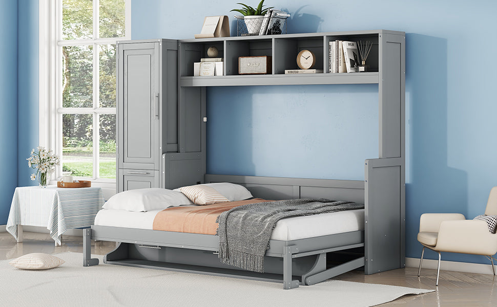 Full Size Murphy Bed Wall Bed With Closet And Drawers,Gray Gray Mdf Lvl