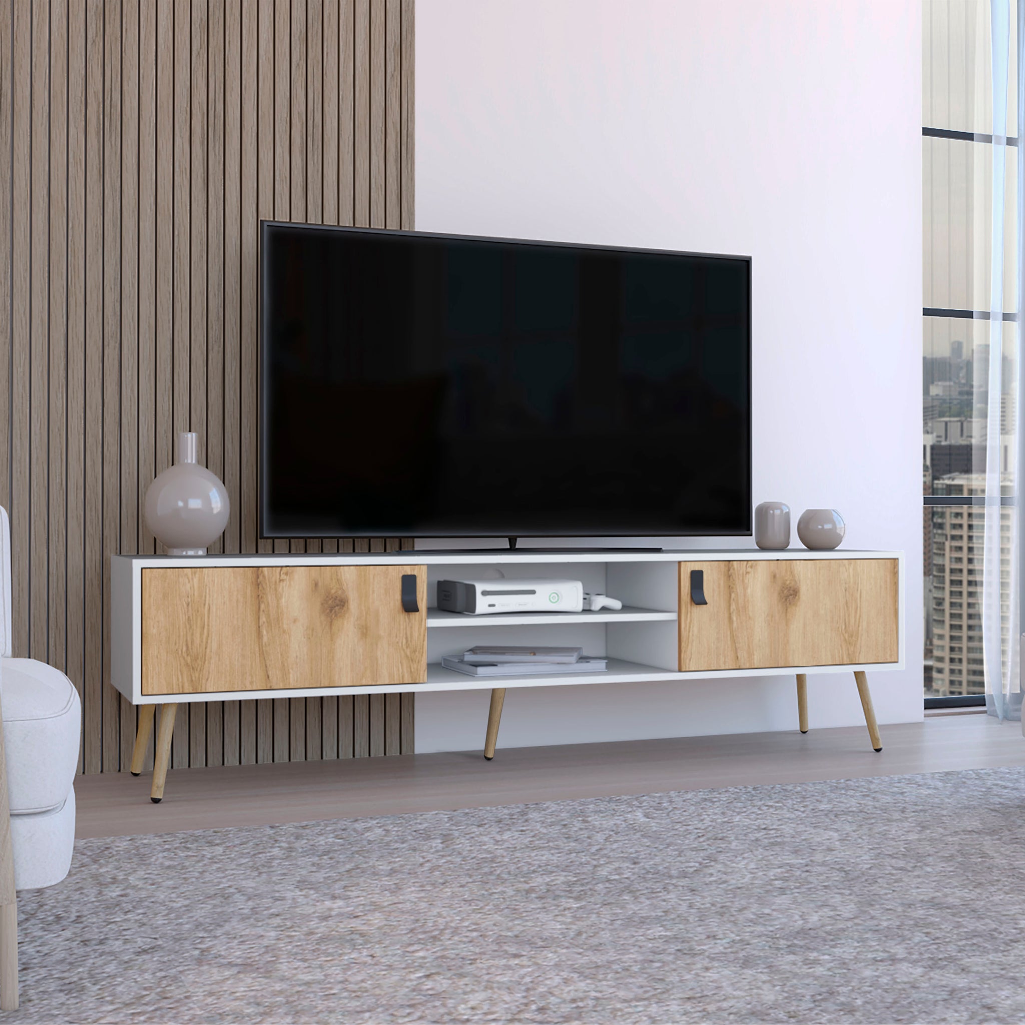 Toka Tv Rack With 2 Hinged Doors And Central Shelves, White Macadamia White Walnut 60 69 Inches Particle Board Pine