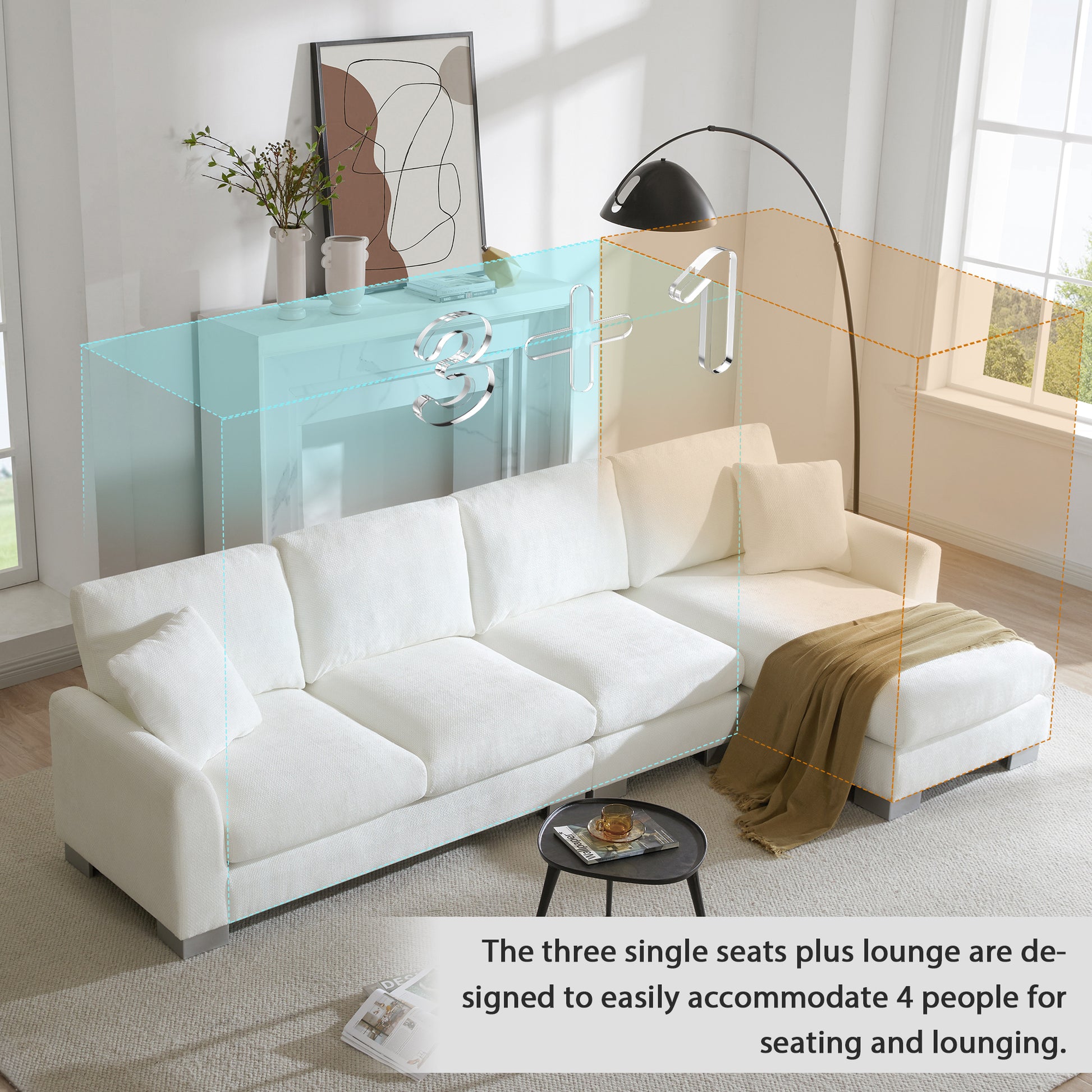 119*55" Modern Oversized Sectional Sofa,L Shaped Luxury Couch Set With 2 Free Pillows,5 Seat Chenille Indoor Furniture With Chaise For Living Room,Apartment,Office,2 Colors White Chenille