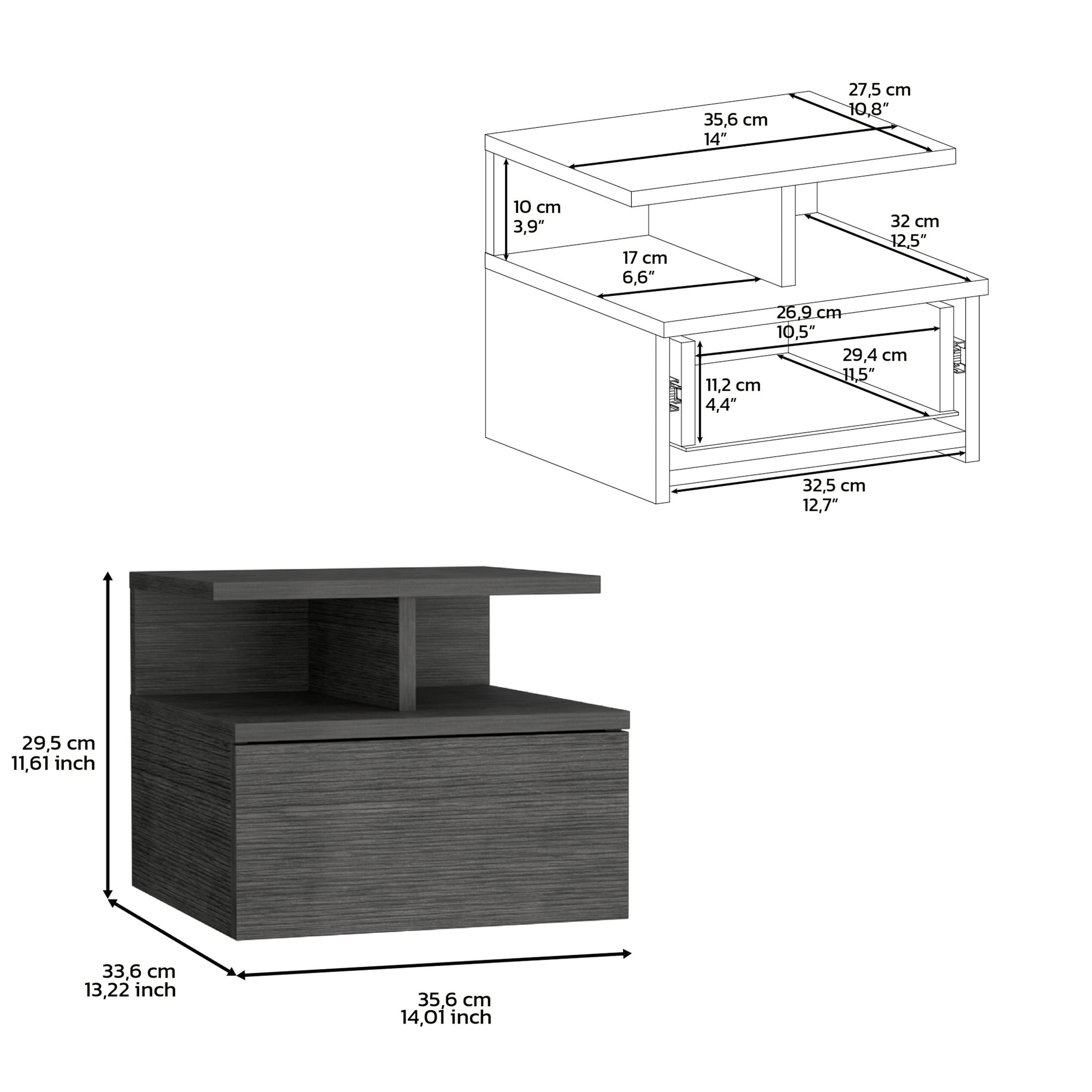 Floating Nightstand 12"H, Wall Mounted With Single Drawer And 2 Tier Shelf, Smokey Oak Oak Particle Board Pine