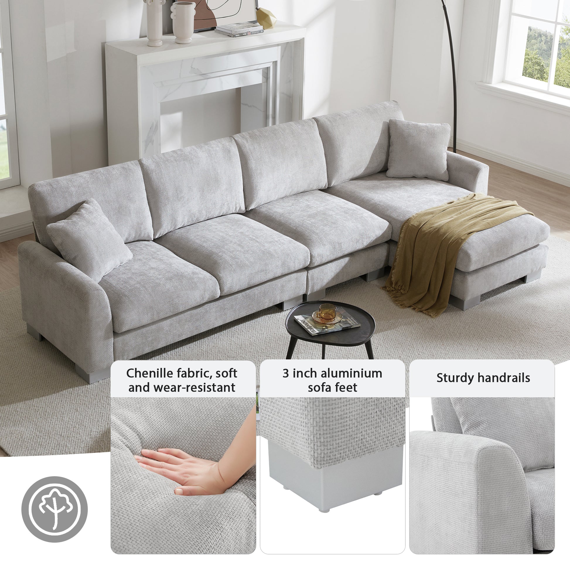 119*55" Modern Oversized Sectional Sofa,L Shaped Luxury Couch Set With 2 Free Pillows,5 Seat Chenille Indoor Furniture With Chaise For Living Room,Apartment,Office,2 Colors Light Gray Chenille 5 Seat