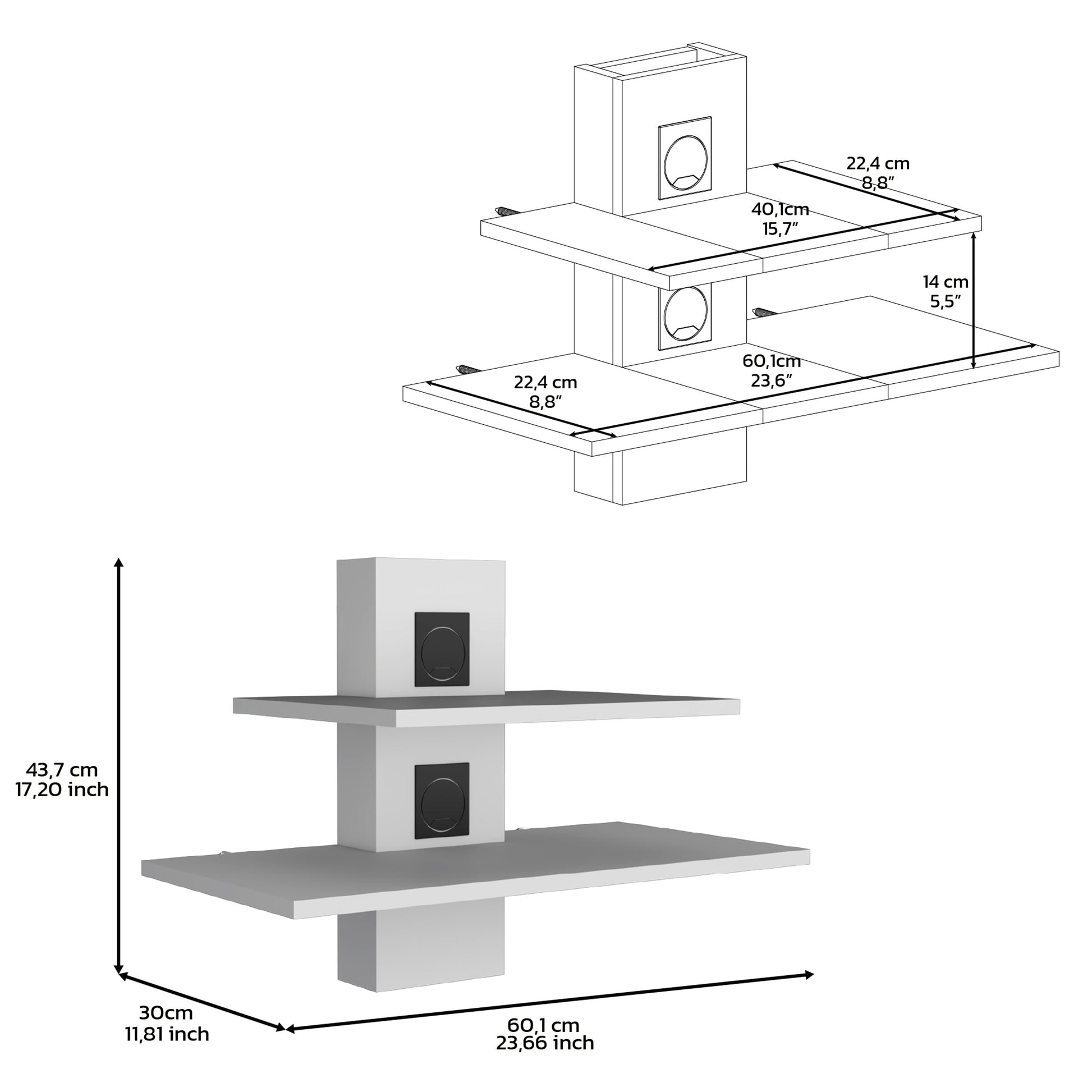 Havre Floating Shelf, Dual Shelf Wall Unit With Cable Management, White White Particle Board Pine