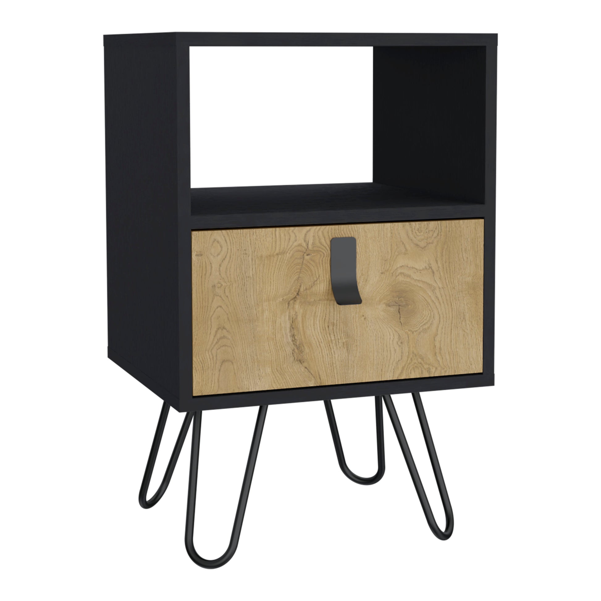 Nightstand 24"Hsleek Design With Hairpin Legs And One Drawer, Black Macadamia Black Multi Particle Board Pine