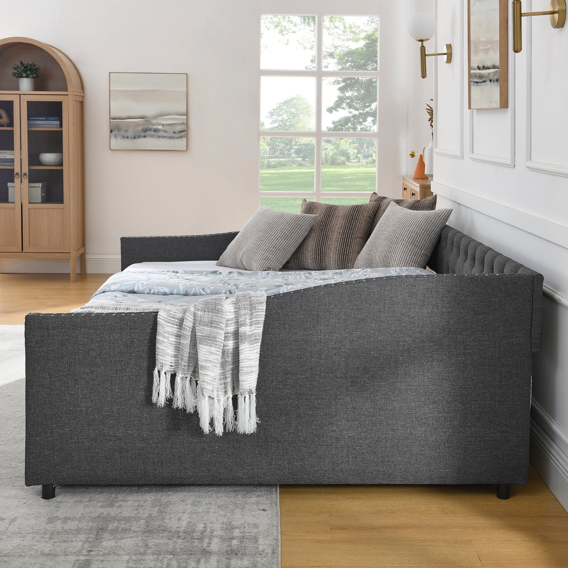 Queen Size Daybed With Drawers Upholstered Tufted Sofa Bed,With Button On Back And Copper Nail On Waved Shape Arms 84.5"X63.5"X26.5" Dark Grey Linen