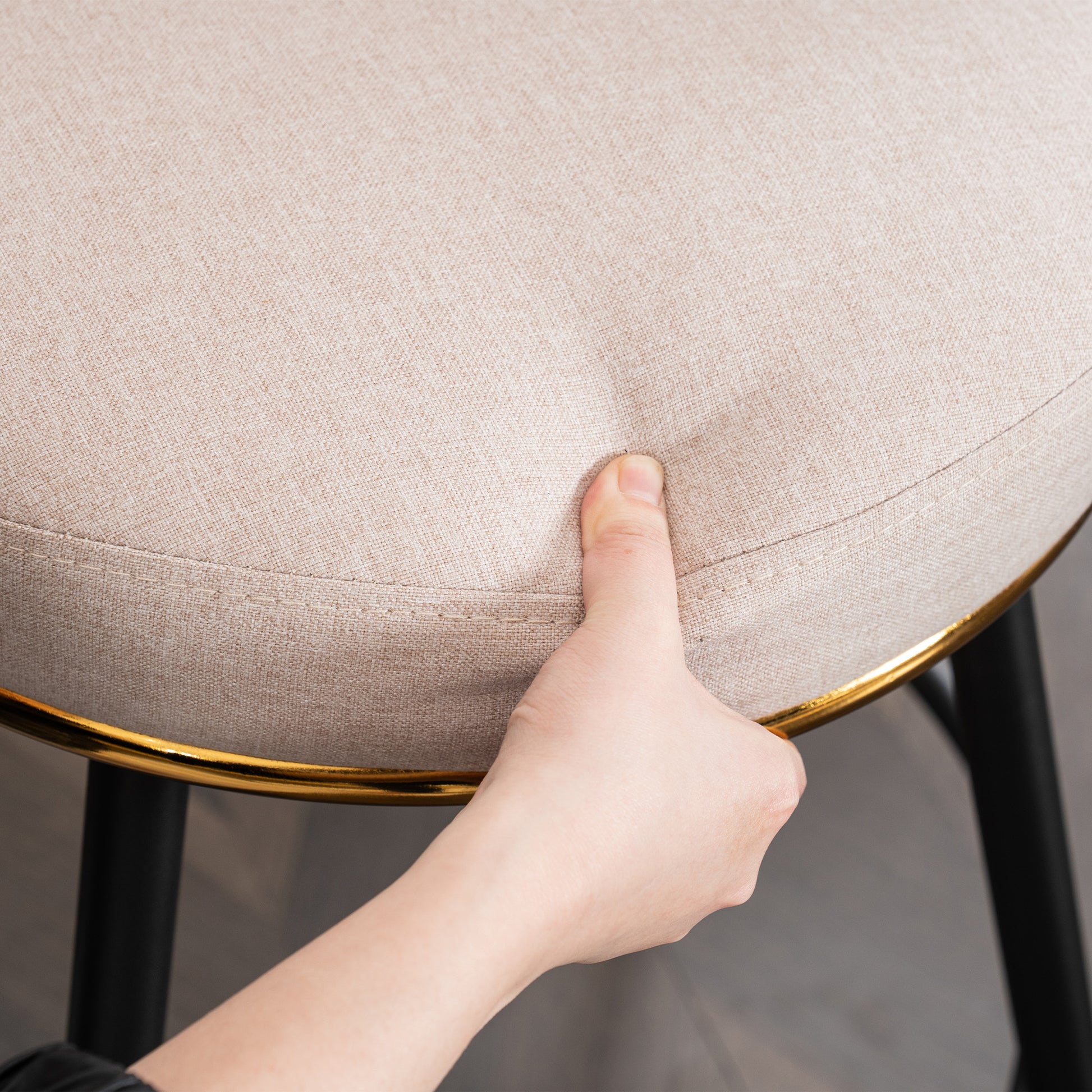 Set Of 2 Beige Swivel Bar Stools High Back, Adjustable, Upholstered With Elegant Metal Back Accents For Kitchen, Bar, Or Dining Room Beige Metal