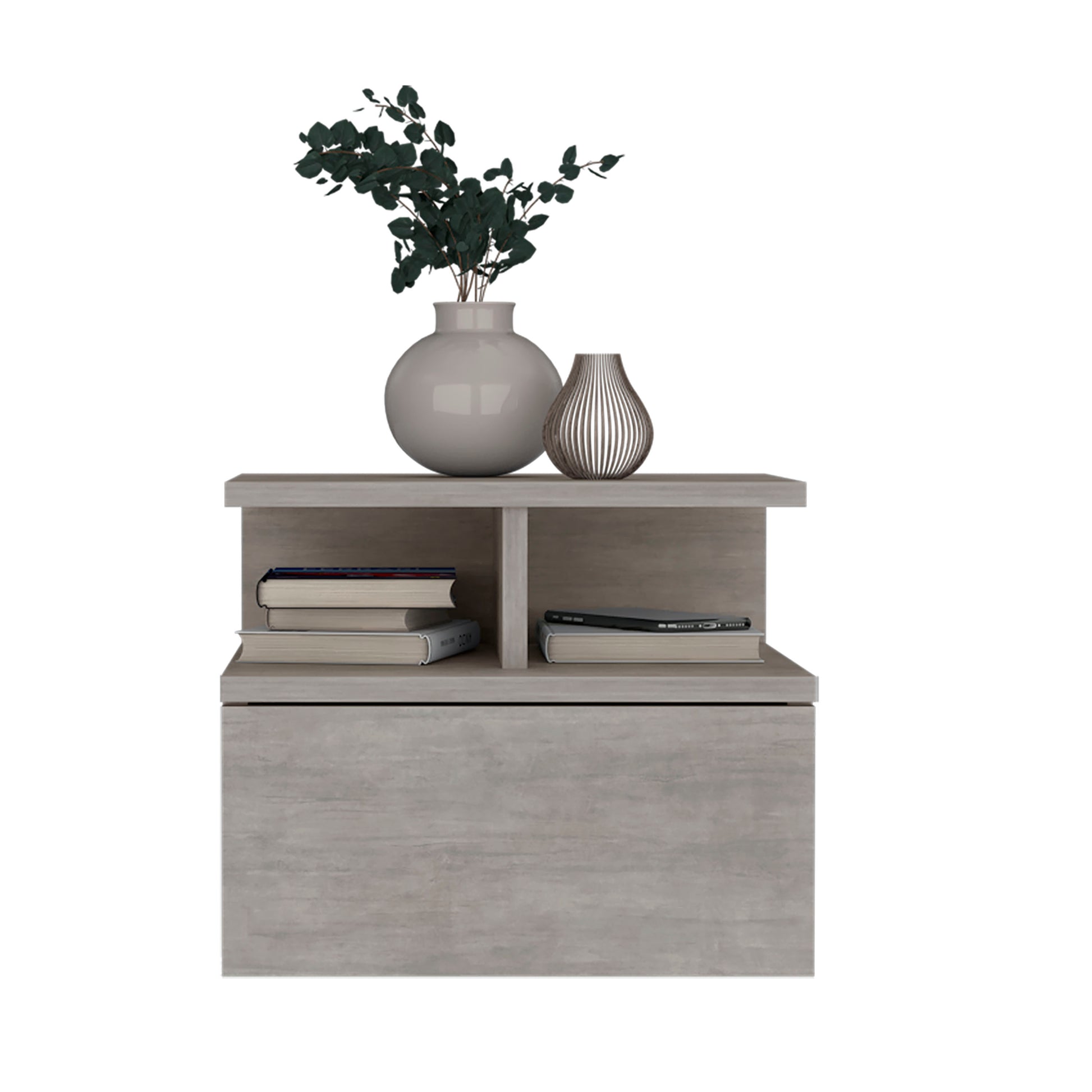 Floating Nightstand 12"H, Wall Mounted With Single Drawer And 2 Tier Shelf, Concrete Gray Gray Particle Board Pine