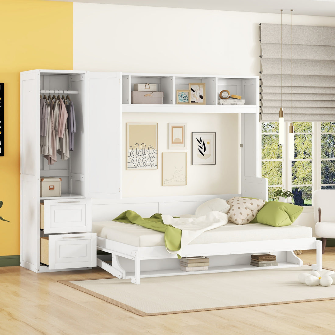 Queen Size Murphy Bed Wall Bed With Closet And Drawers,White Queen White Mdf Lvl