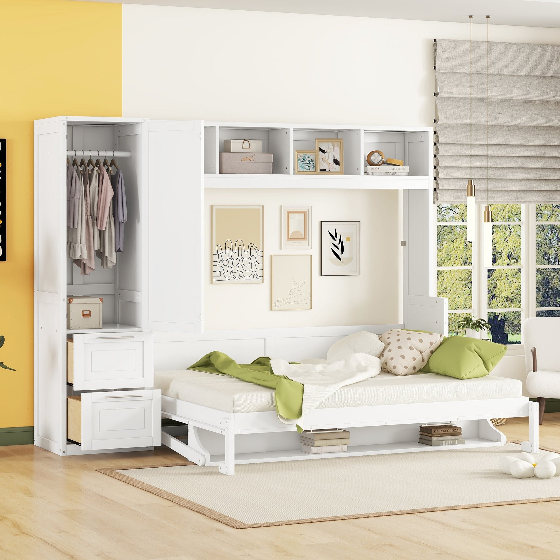 Queen Size Murphy Bed Wall Bed With Closet And Drawers,White Queen White Mdf Lvl