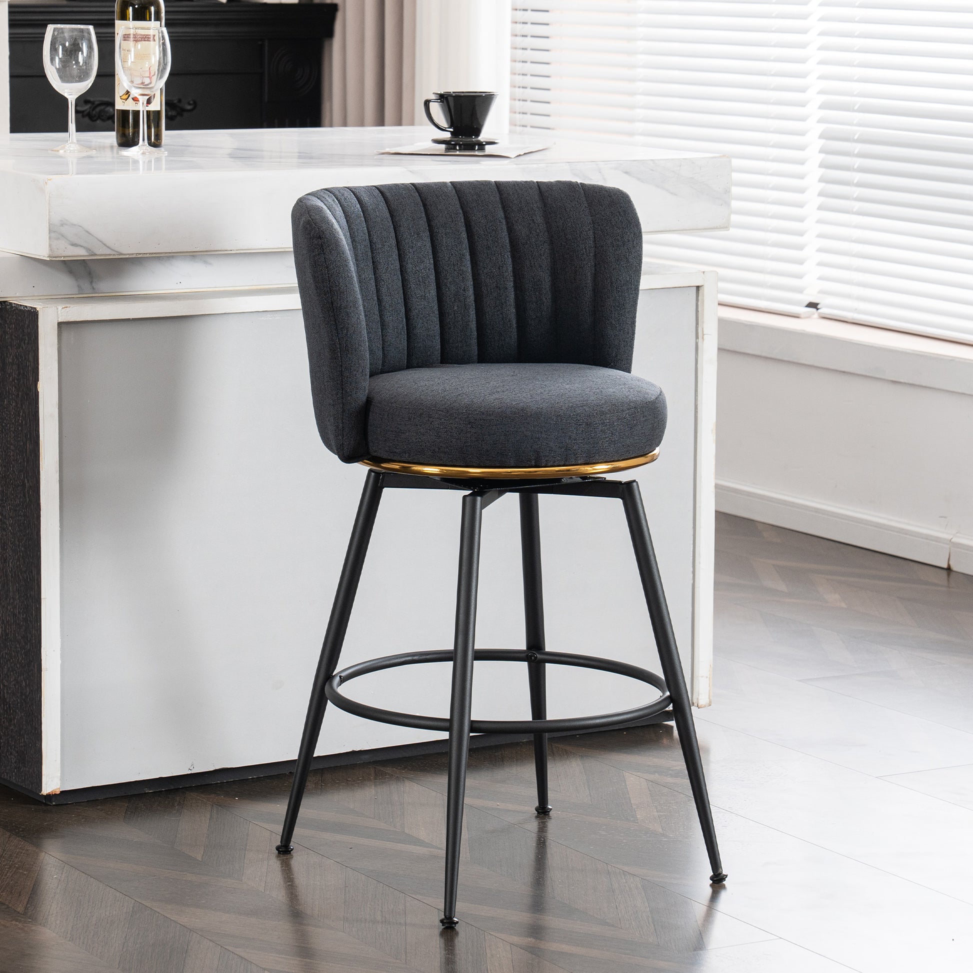 Set Of 2 Gray Swivel Bar Stools High Back, Adjustable, Upholstered With Elegant Metal Back Accents For Kitchen, Bar, Or Dining Room Dark Gray Metal