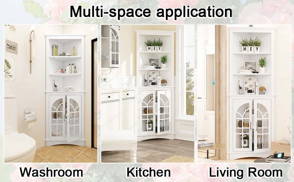 Corner Storage Cabinet, 63.3" Tall Freestanding Bookcase With Doors & Adjustable Shelves, 5 Tier Corner Display Cabinet For Living Room, Office, Dining Room, White White Adjustable Shelves Mdf Metal