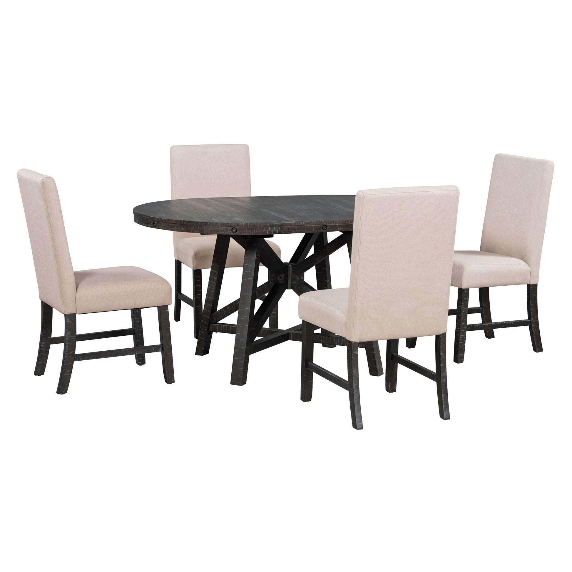 5 Piece Retro Functional Dining Set With Extendable Round Table With Removable Middle Leaf And 4 Upholstered Chairs For Dining Room And Living Room Black Black Solid Wood Mdf