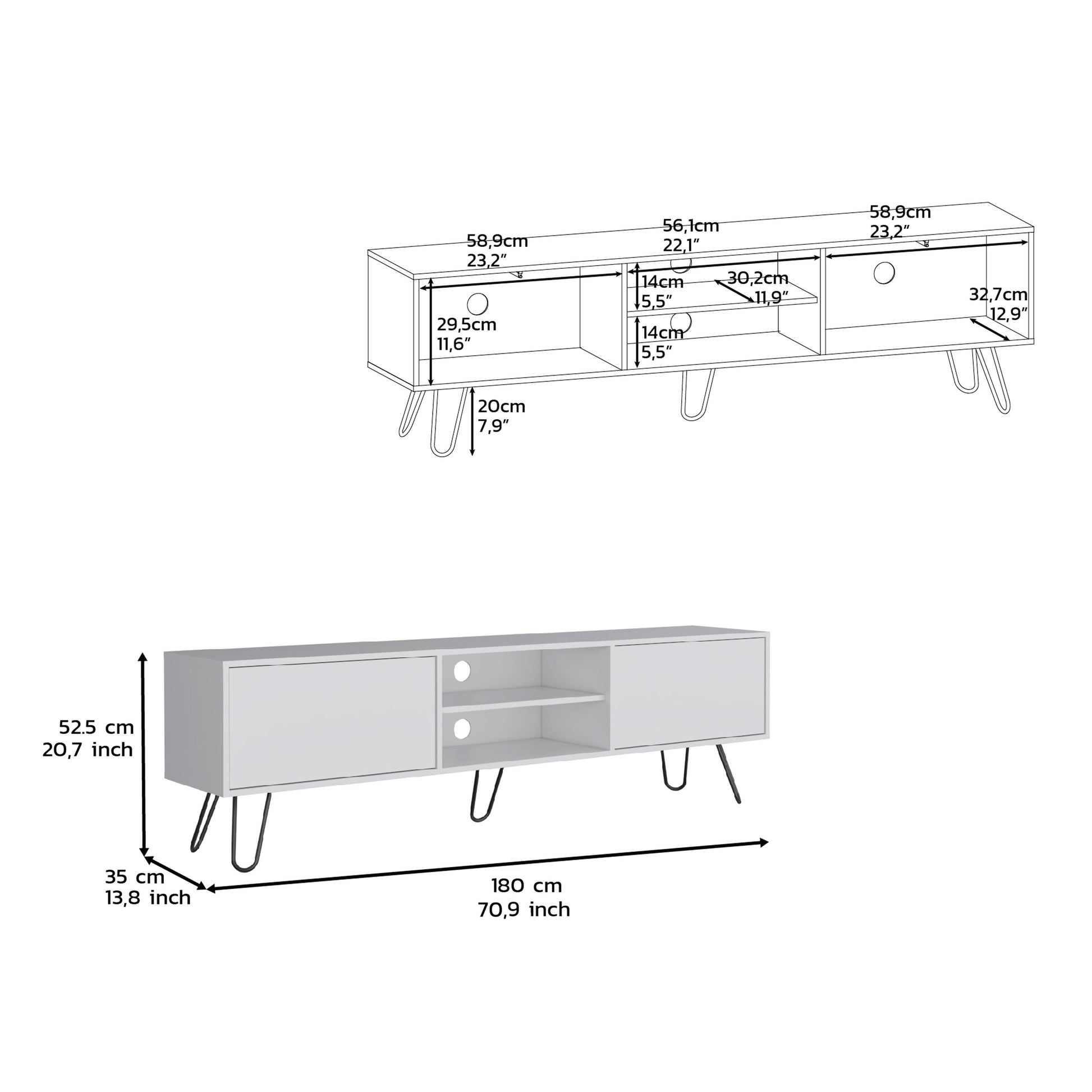 Waco Tv Rack, Hairpin Stand With Spacious Storage And Cable Management Holes, White White 50 59 Inches Particle Board Pine