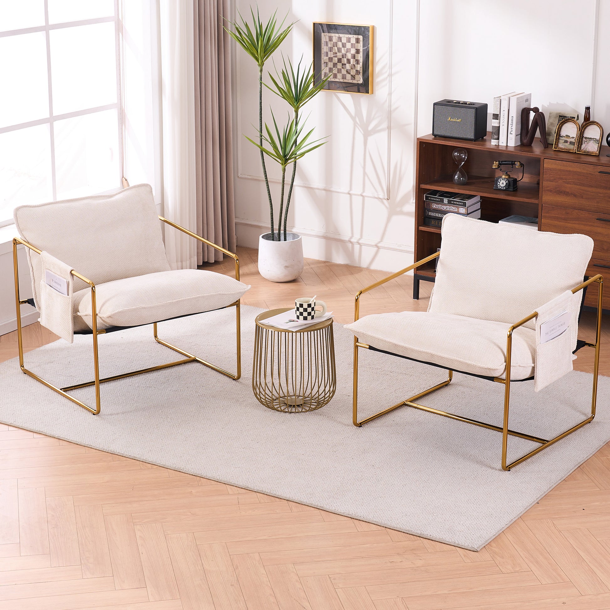 2 Chairs In 1 Box, Upholstered Hanging Armchair With Arm Pocketsmetal Frame, Gold Plated Craftsman, Crushed Foam Cushions And Skin Friendly Woven Fabric For Living Room And Bedroom. Beige Beige Metal