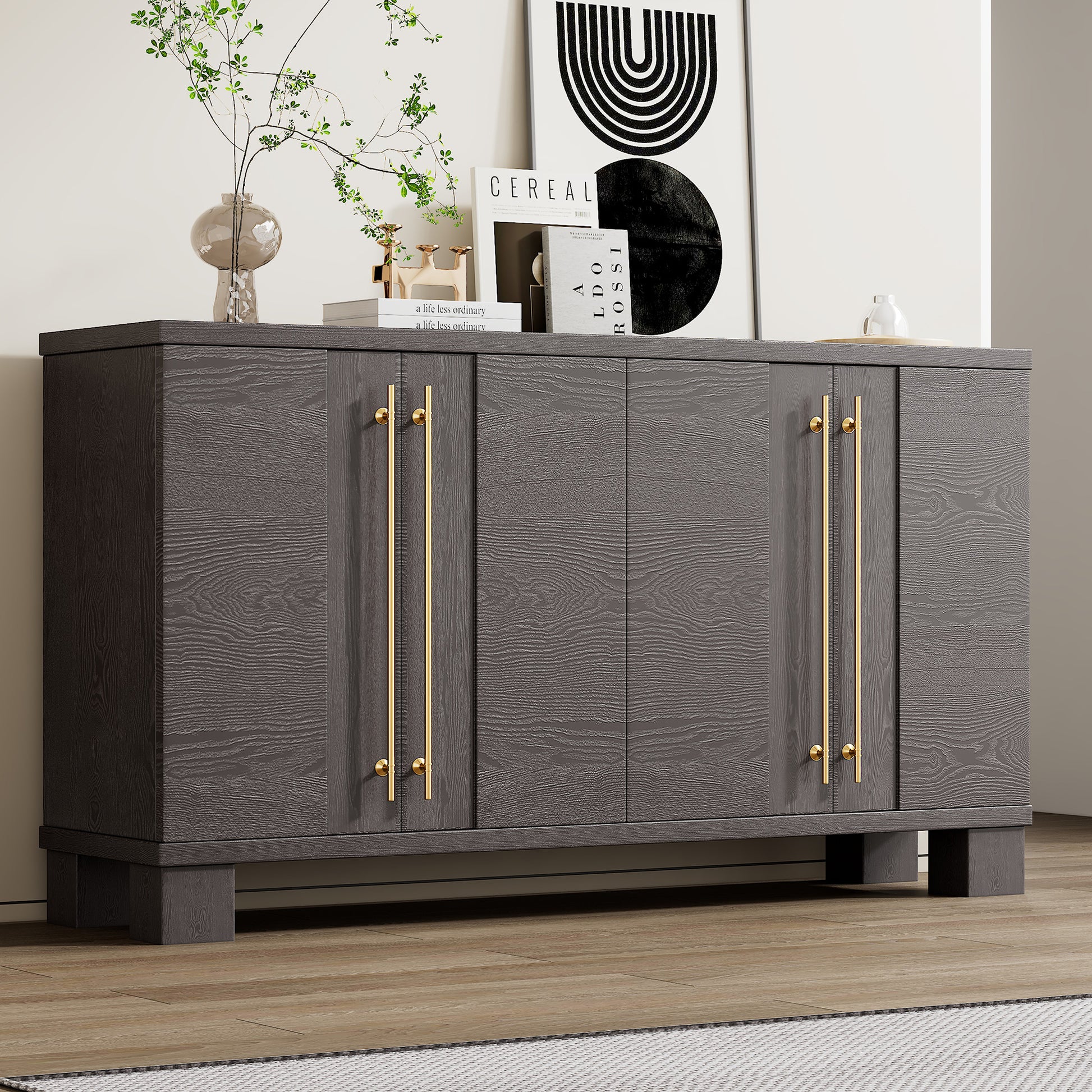 Wood Traditional Style Sideboard With Adjustable Shelves And Gold Handles For Kitchen, Dining Room And Living Room Taupe Taupe Mdf