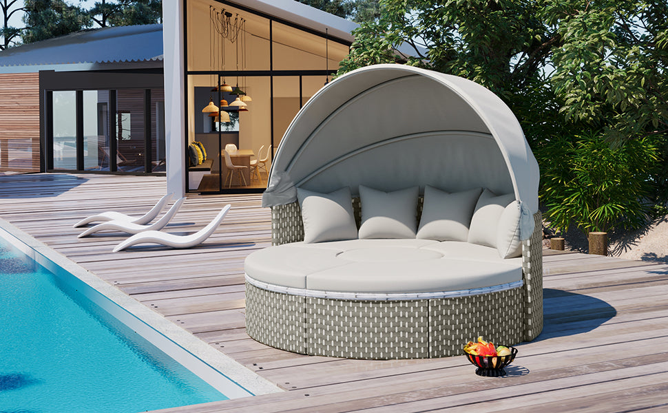 Patio Furniture Round Outdoor Sectional Sofa Set Rattan Daybed Two Tone Weave Sunbed With Retractable Canopy, Separate Seating And Removable Cushion, Gray Yes Sectional Gray Weather Resistant Frame Water Resistant Cushion Garden & Outdoor Luxury