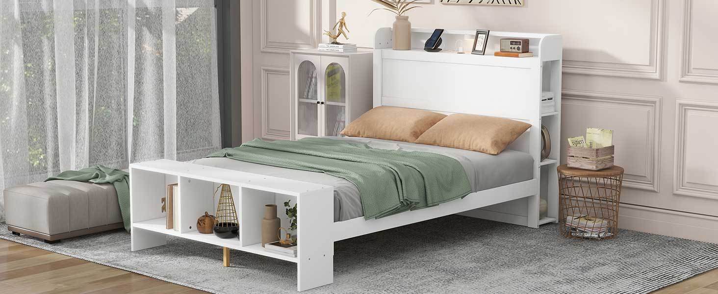 Full Size Platform Bed With Built In Shelves, Led Light And Usb Ports, White White Mdf Lvl