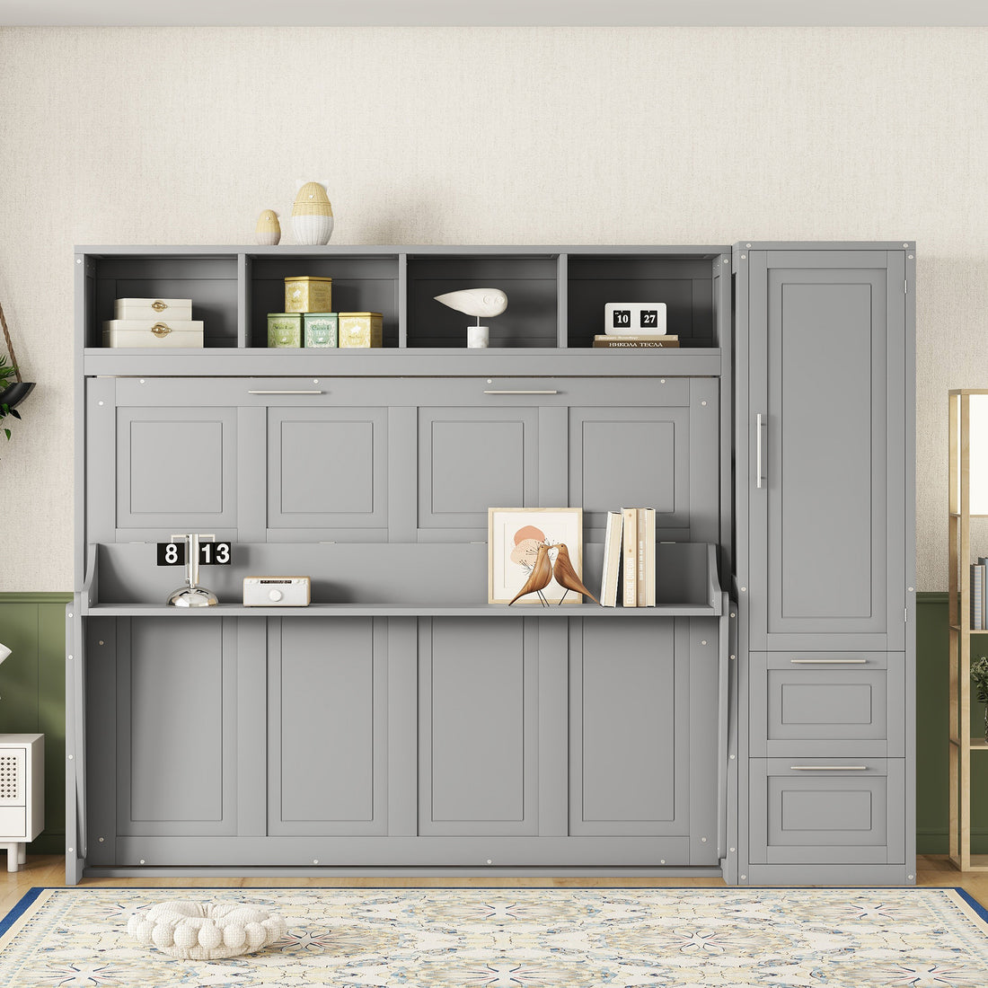 Queen Size Murphy Bed Wall Bed With Closet And Drawers,Gray Gray Mdf Lvl