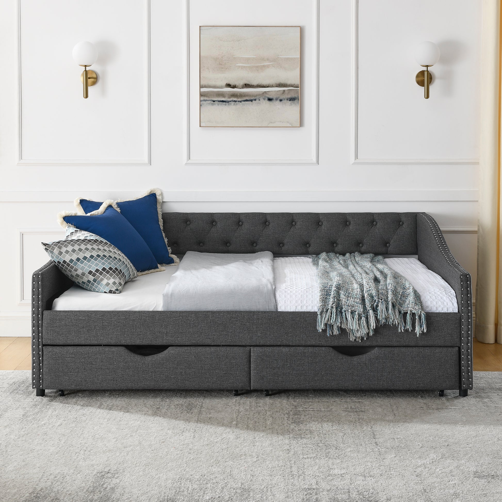 Full Size Daybed With Drawers Upholstered Tufted Sofa Bed, With Button On Back And Copper Nail On Waved Shape Arms 80.5''X55.5''X27.5'' Dark Grey Linen