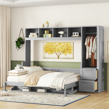 Queen Size Murphy Bed Wall Bed With Closet And Drawers,Gray Gray Mdf Lvl