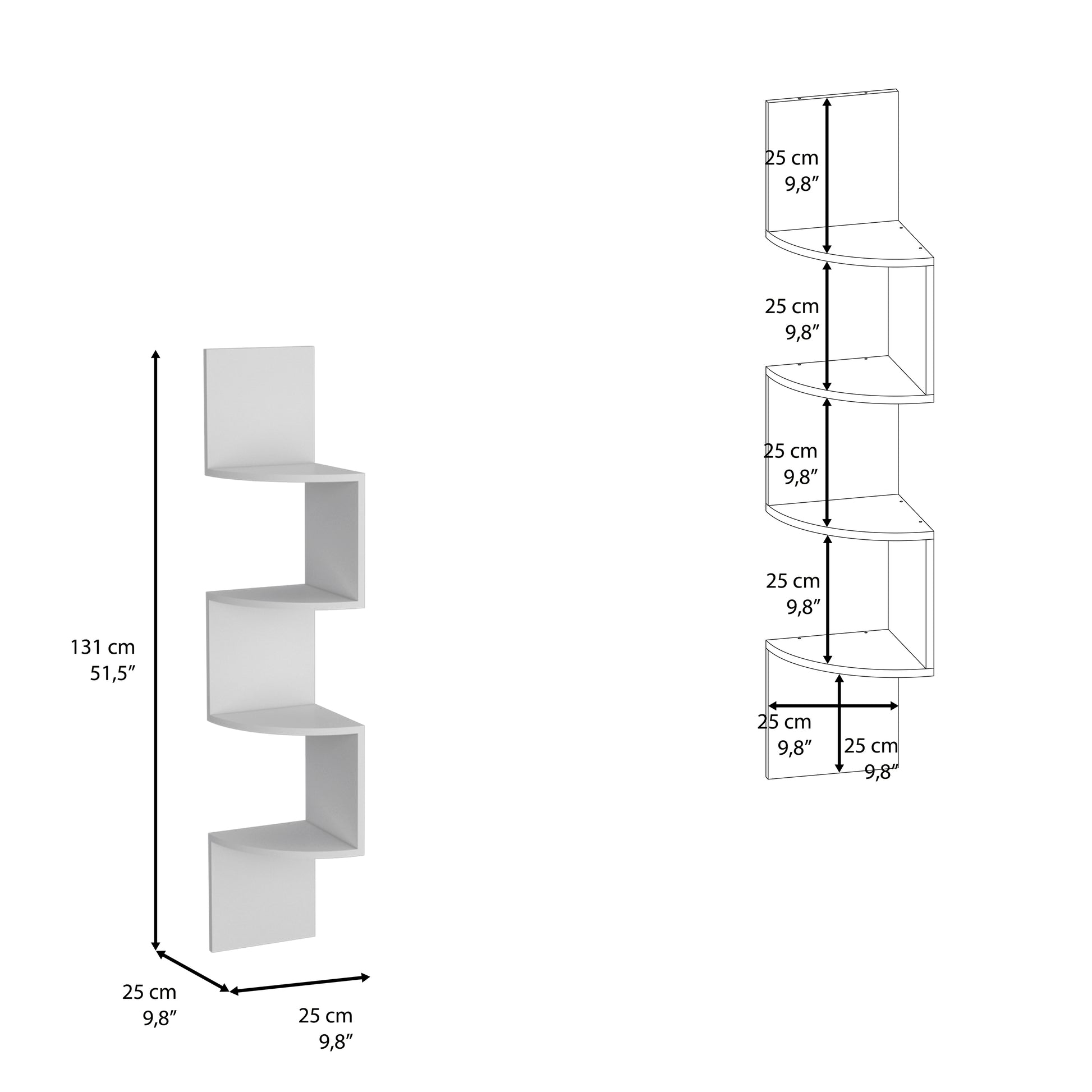 Roy Corner Floating Shelf, Modern 4 Tier Display, White White Particle Board Pine
