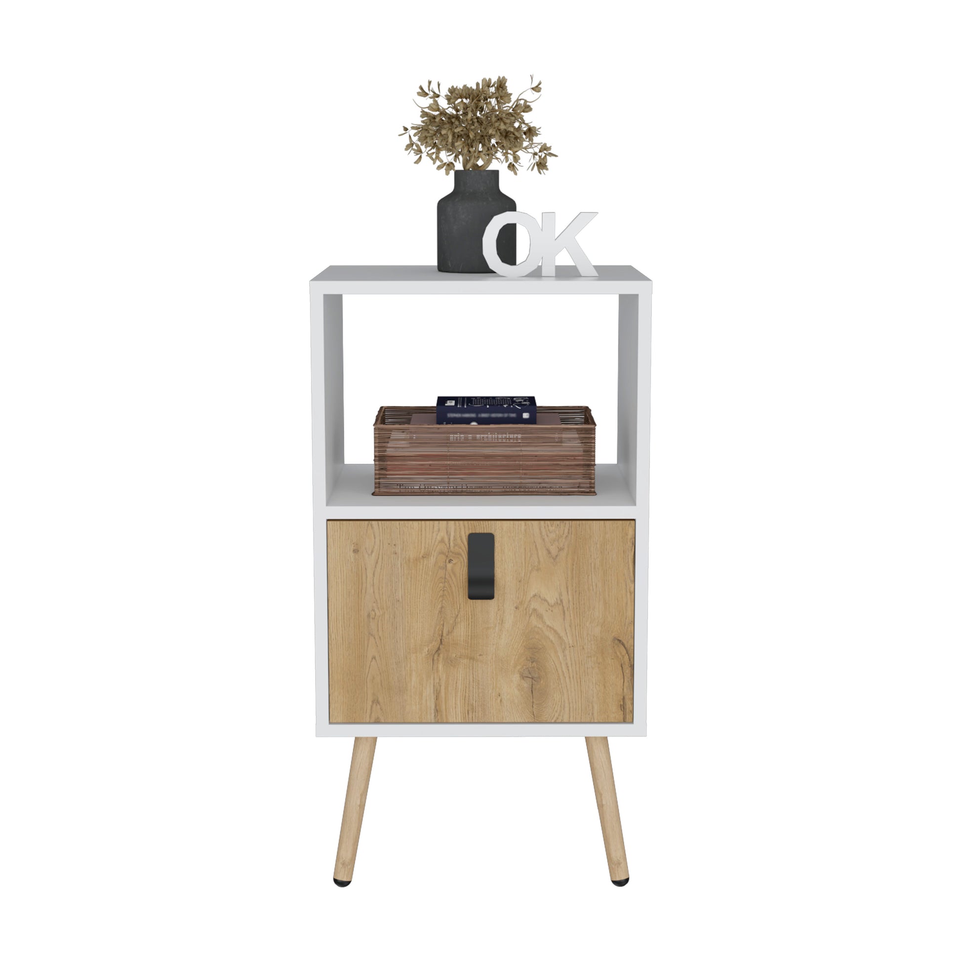 Tall Nightstand 29"H, With One Drawer And Functional Storage, White Macadamia White Walnut Particle Board Pine