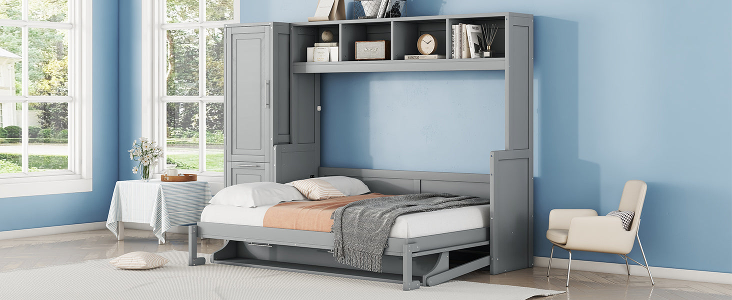Full Size Murphy Bed Wall Bed With Closet And Drawers,Gray Gray Mdf Lvl