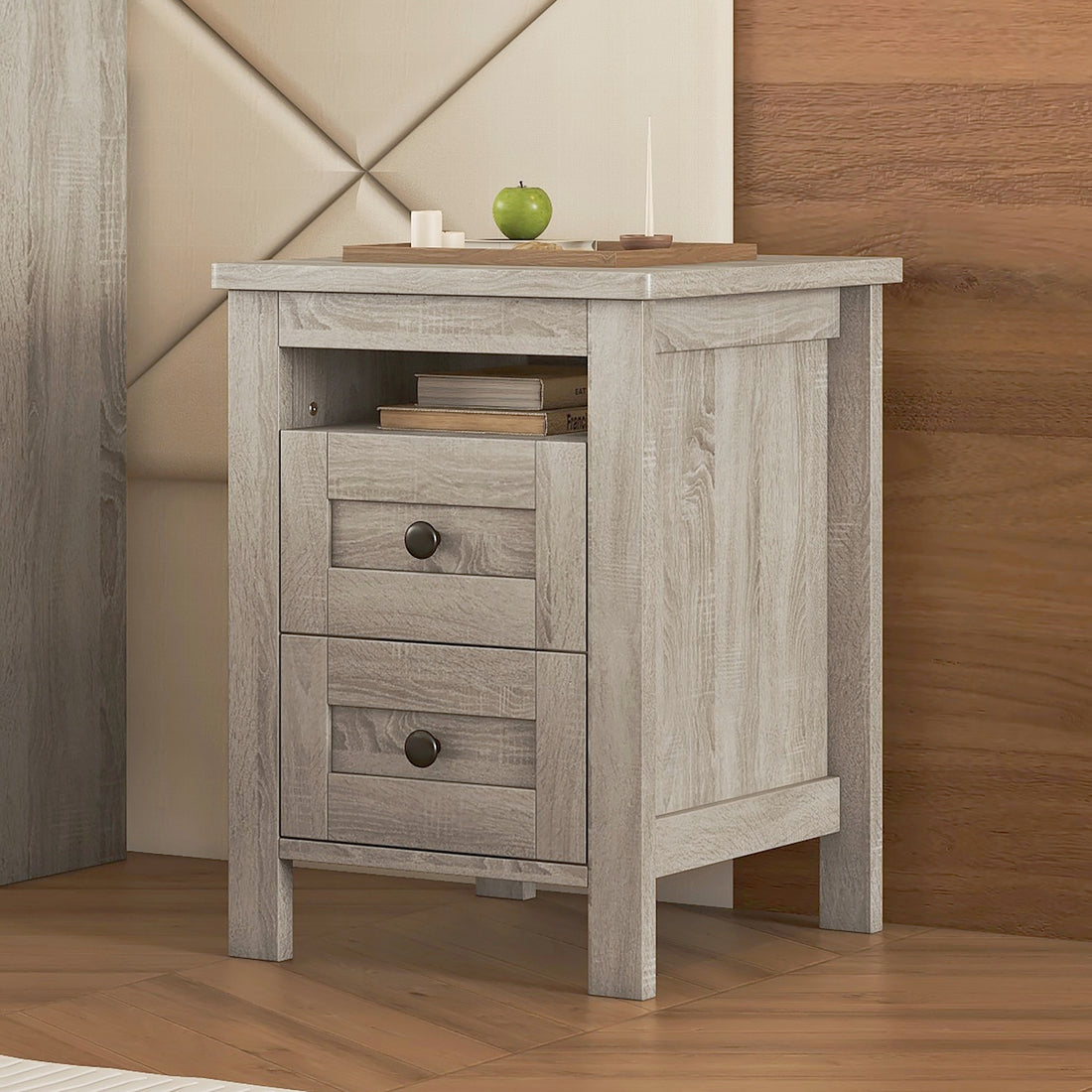 2 Drawer Farmhouse Wooden Nightstand With Well Proportioned Design And Sleek Lines, Wood Side Table With Storage Cabinet For Bedroom, Antique Gray Antique Gray Particle Board