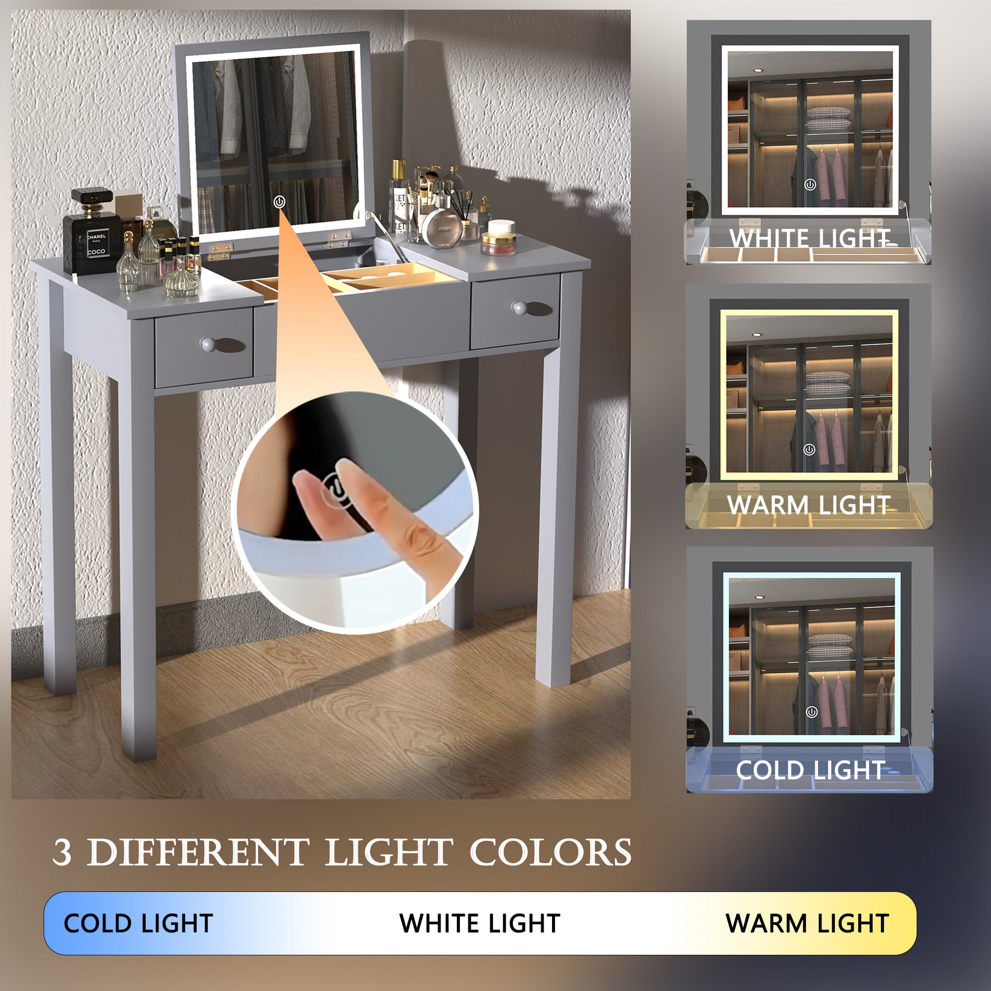 Sleek Grey Vanity Table With Led Lights, Flip Top Mirror And 2 Drawers, Jewelry Storage For Women Dressing Grey 2 Drawers Mdf Sleek Grey Vanity Table With Led Lights, Flip Top Mirror And 2 Drawers, Jewelry Storage For Women Dressing Grey 2 Drawers Mdf