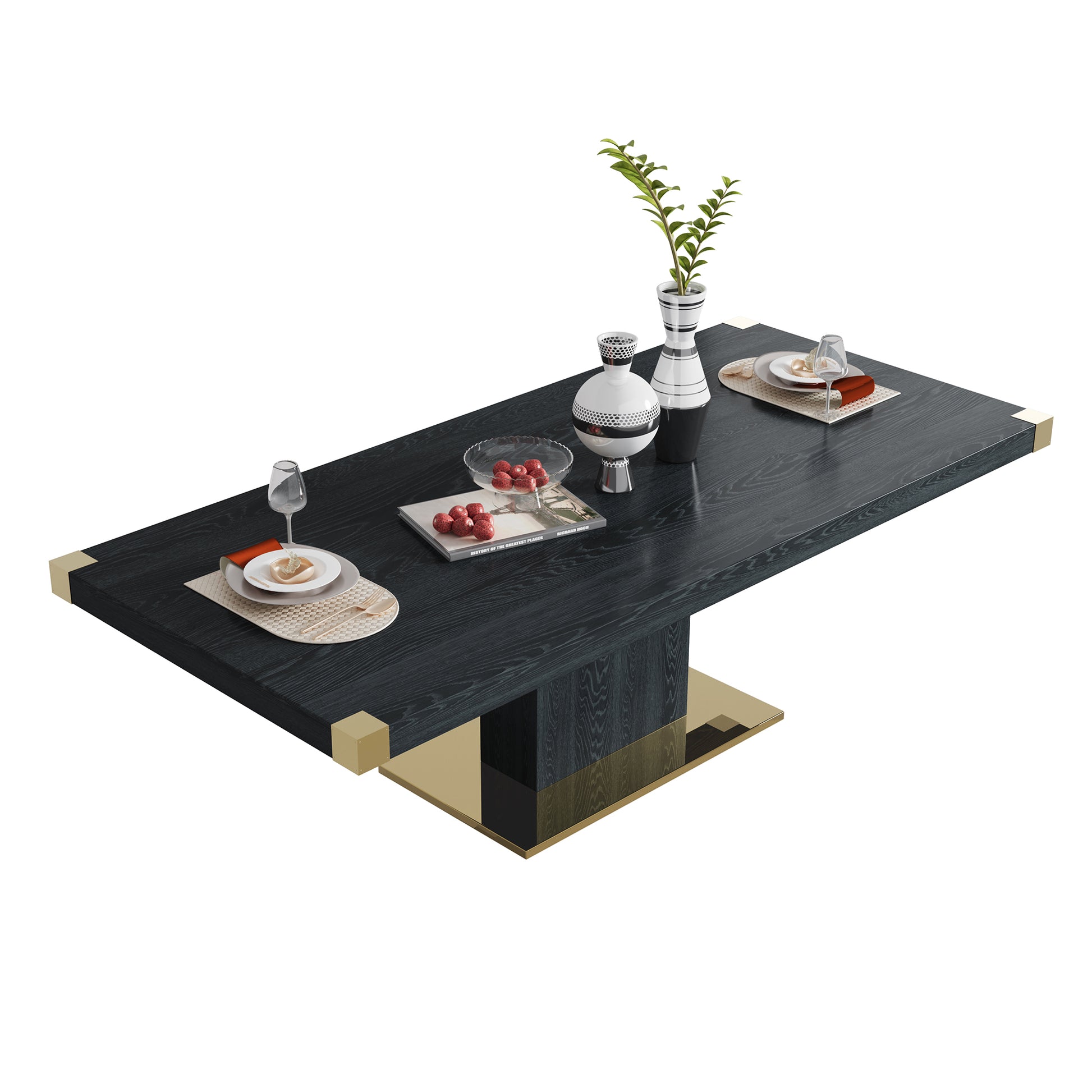 Mdf Top Dining Table With Gold Finish Corner, Mdf Pillar And Gold Finish Stainless Steel Base Black Mdf