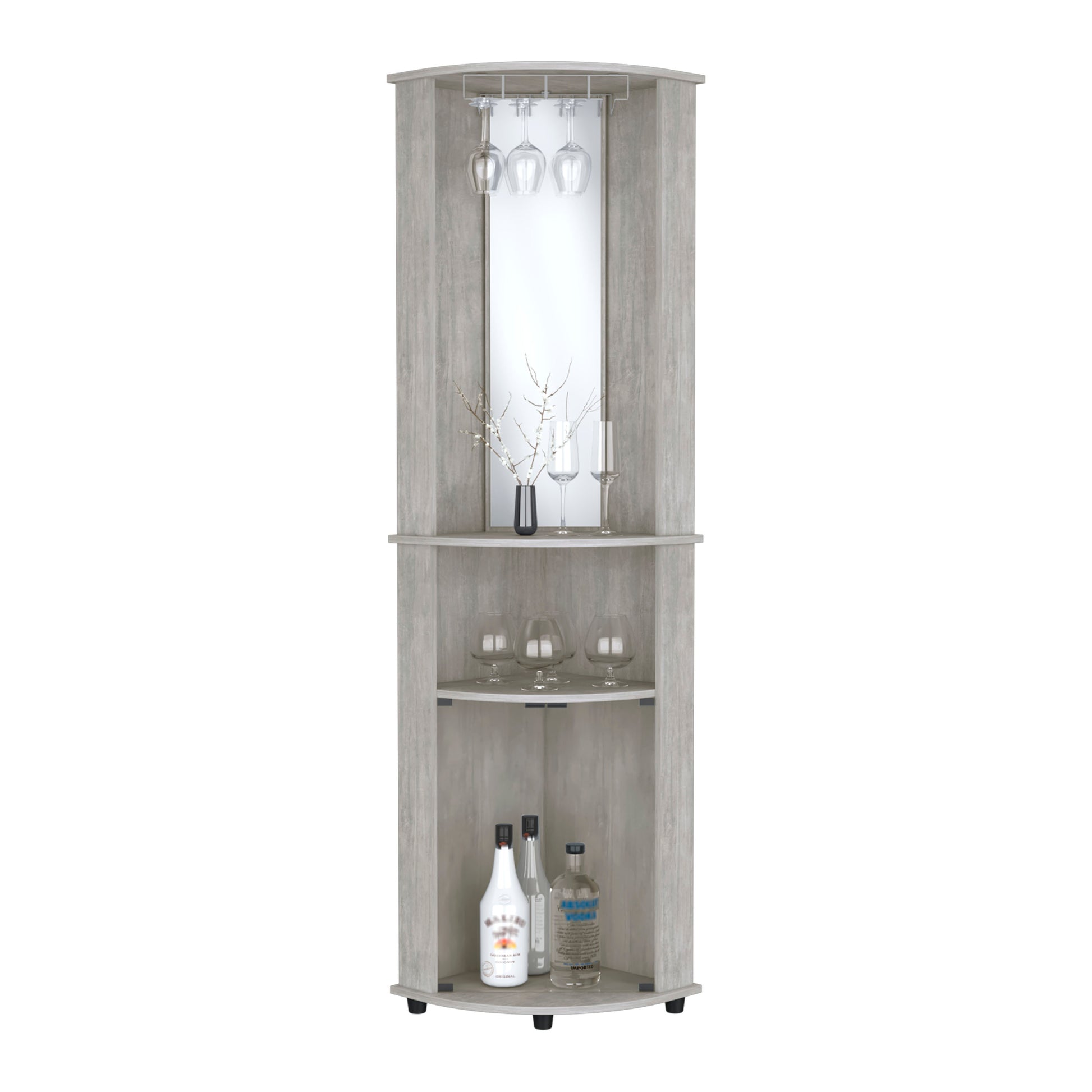 Nashville Corner Bar Cabinet Unit With Wine Glass Rack And Lower Cabinet, Concrete Gray Gray Particle Board Pine