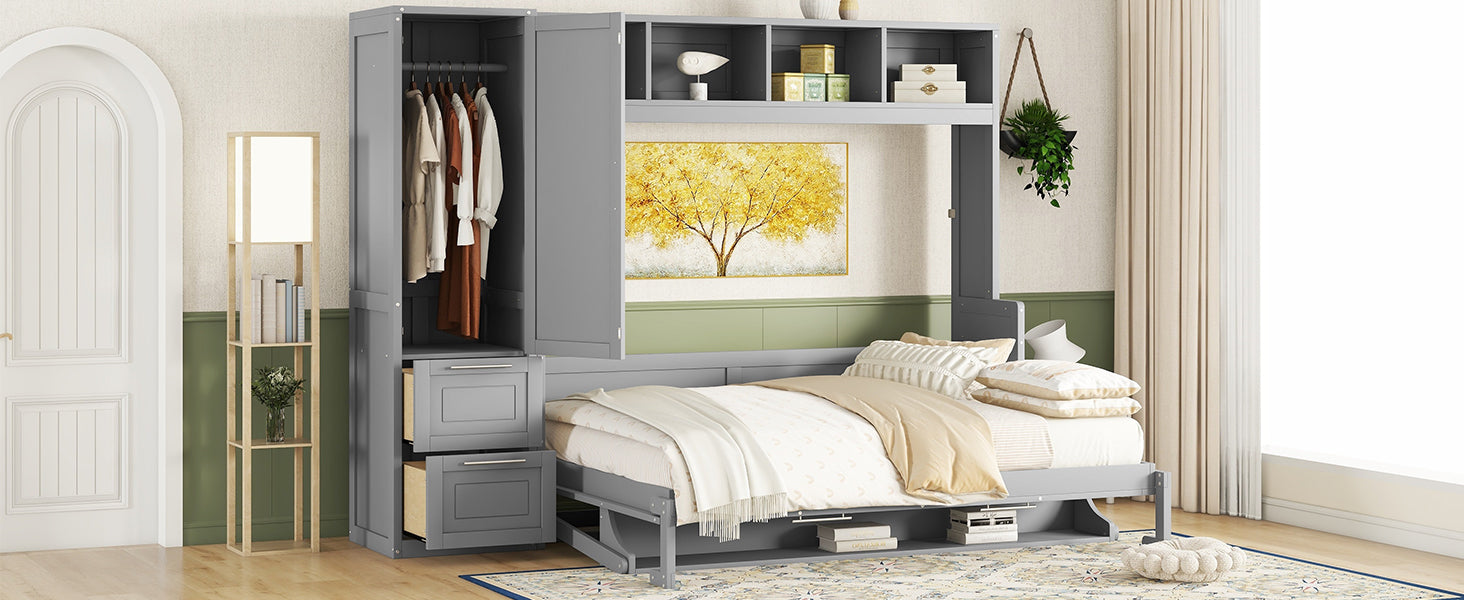 Queen Size Murphy Bed Wall Bed With Closet And Drawers,Gray Gray Mdf Lvl