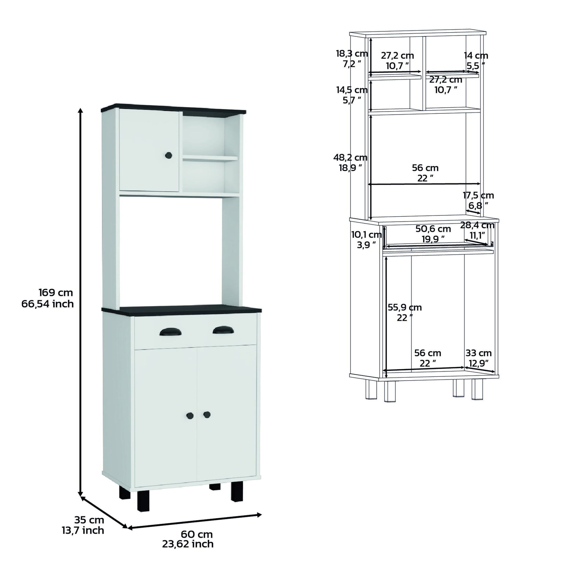 Waco 67" H Kitchen Pantry With Two Cabinets, Two Open Shelves, And One Drawer,White Black White Black Particle Board Pine