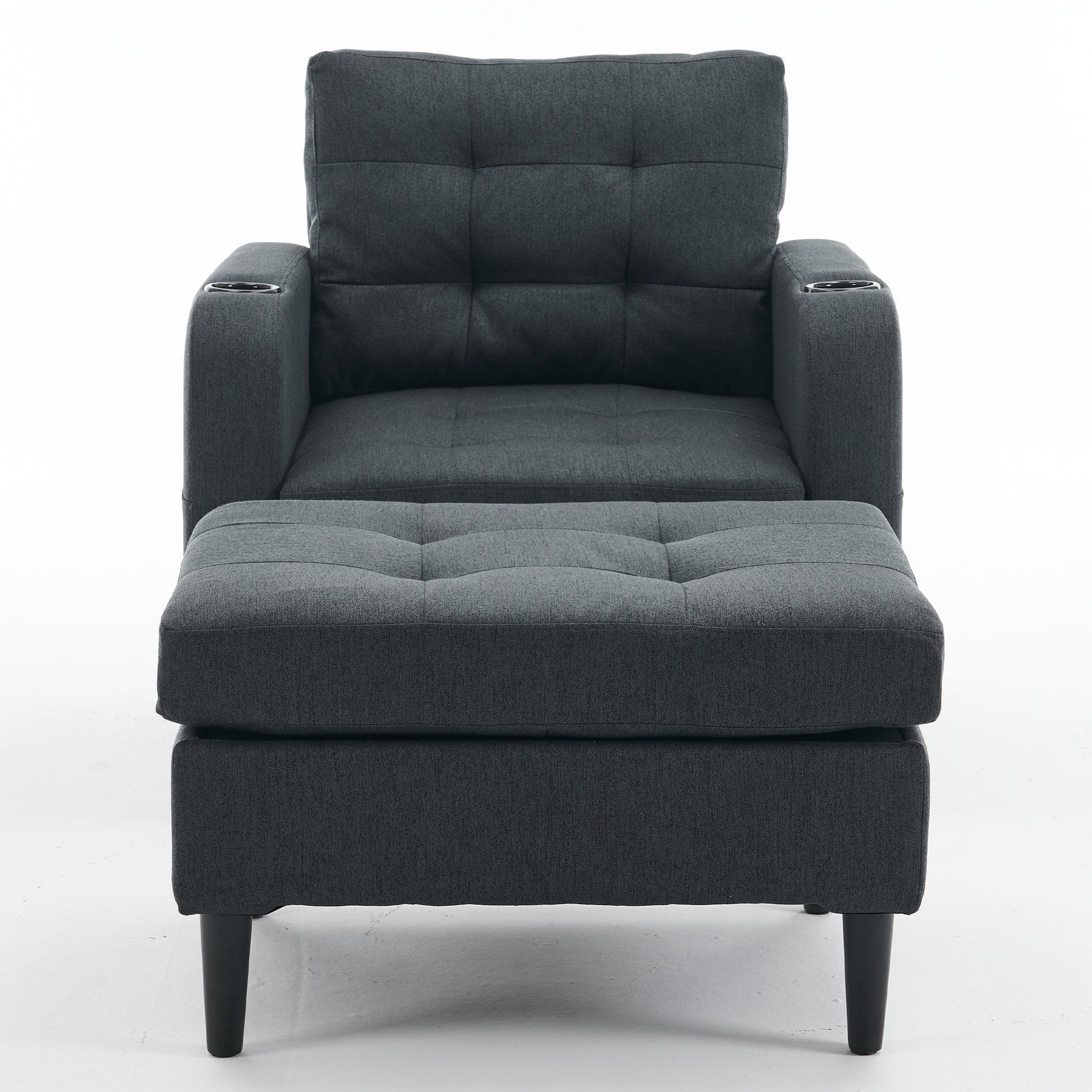 Dark Gray Upholstered Armchair And Storage Ottoman Set Comfortable Single Sofa With Cup Holders And Tufted Detailing, Ideal For Living Room Or Bedroom Dark Gray Foam Metal