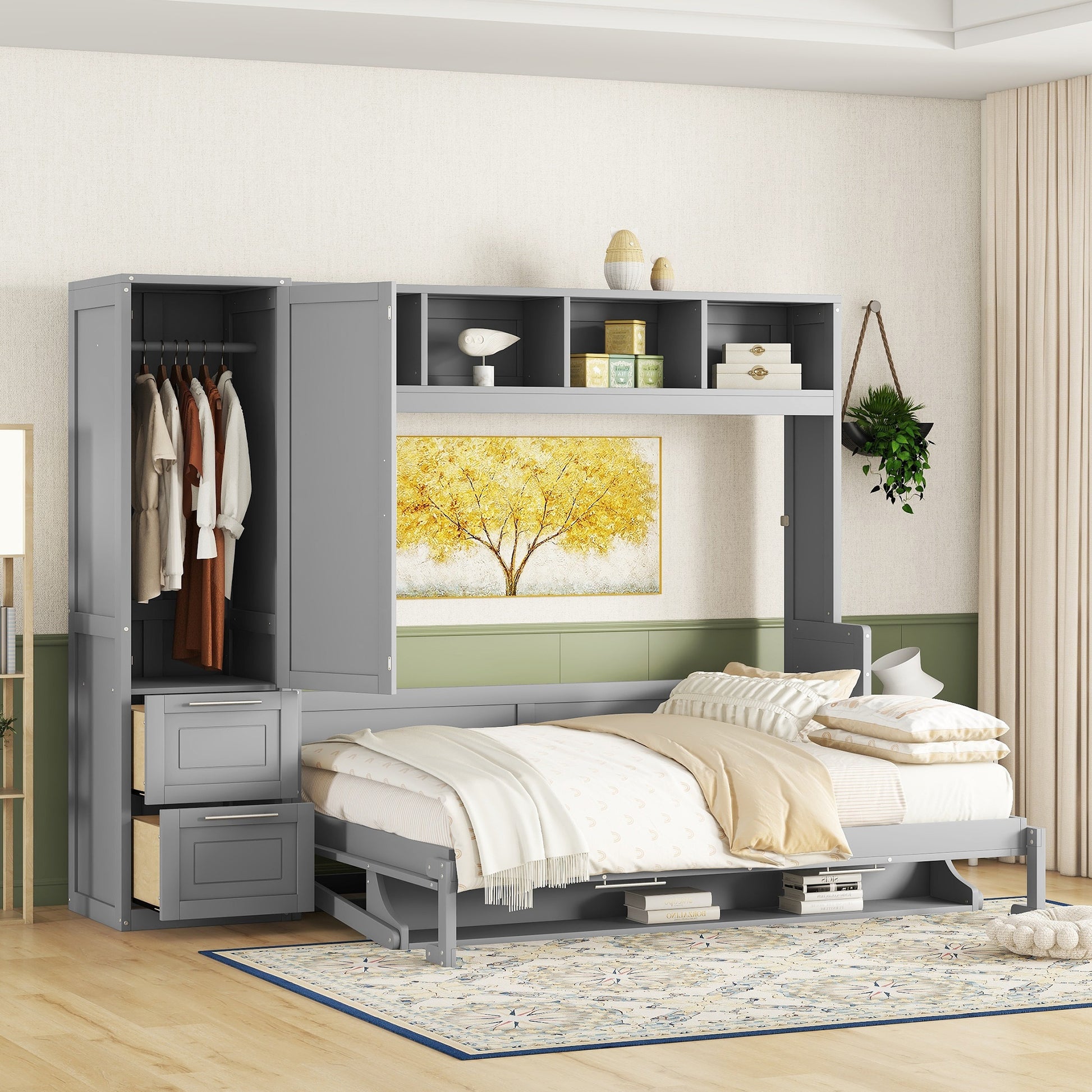 Queen Size Murphy Bed Wall Bed With Closet And Drawers,Gray Gray Mdf Lvl