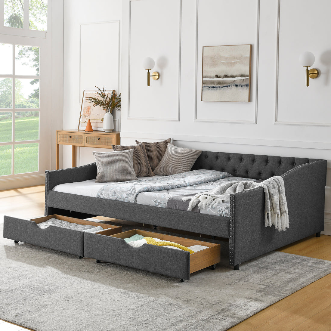 Queen Size Daybed With Drawers Upholstered Tufted Sofa Bed,With Button On Back And Copper Nail On Waved Shape Arms 84.5"X63.5"X26.5" Dark Grey Linen