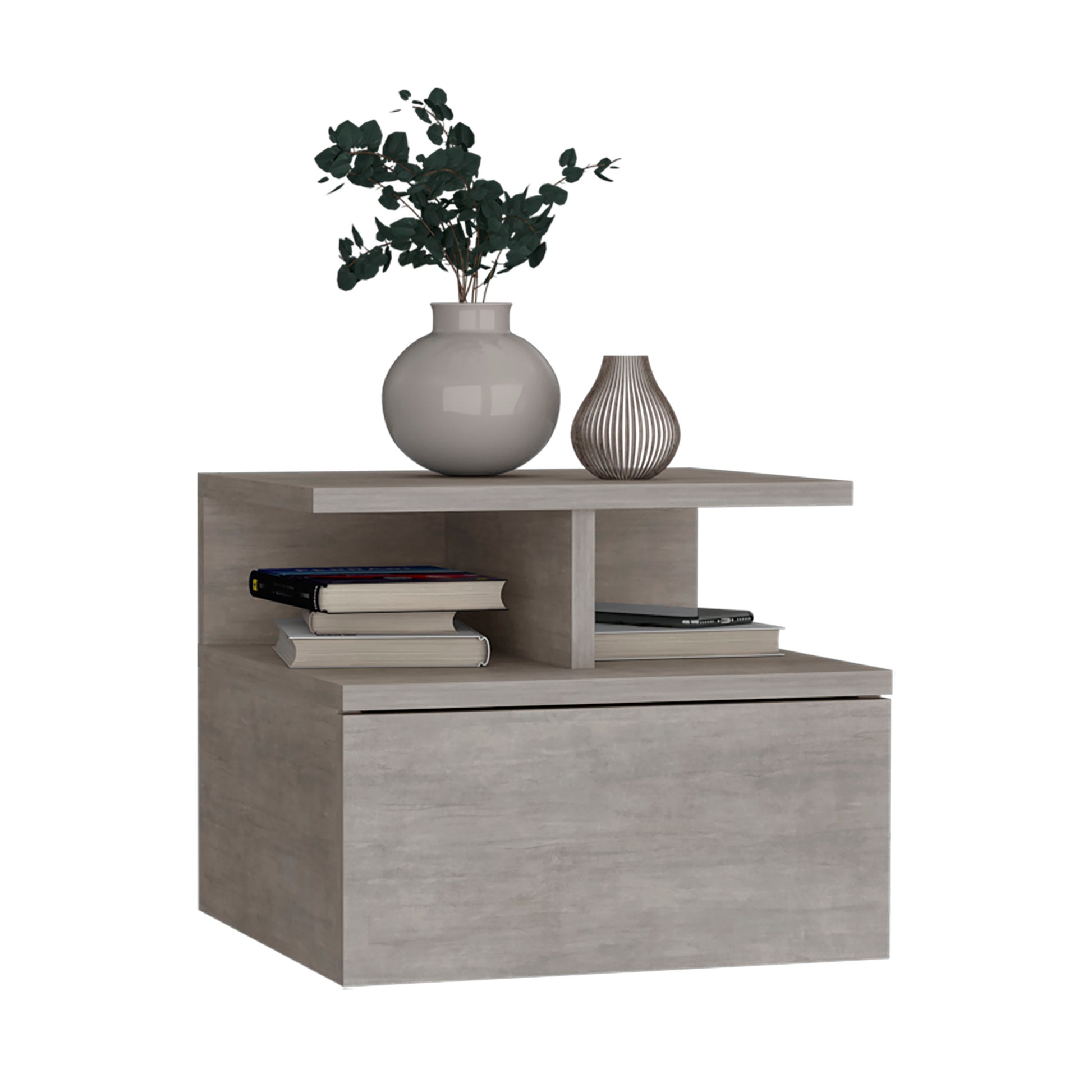 Floating Nightstand 12"H, Wall Mounted With Single Drawer And 2 Tier Shelf, Concrete Gray Gray Particle Board Pine