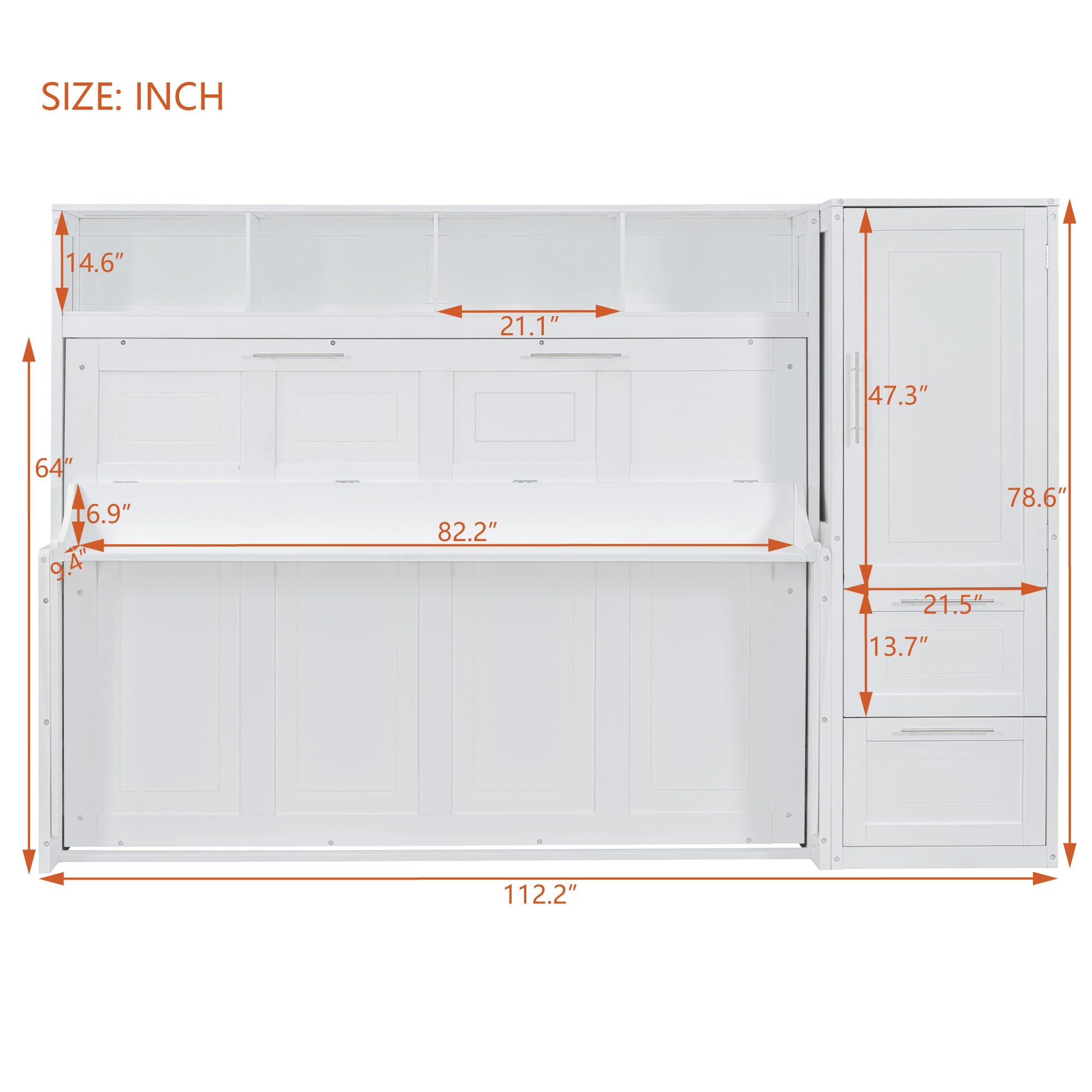 Queen Size Murphy Bed Wall Bed With Closet And Drawers,White Queen White Mdf Lvl