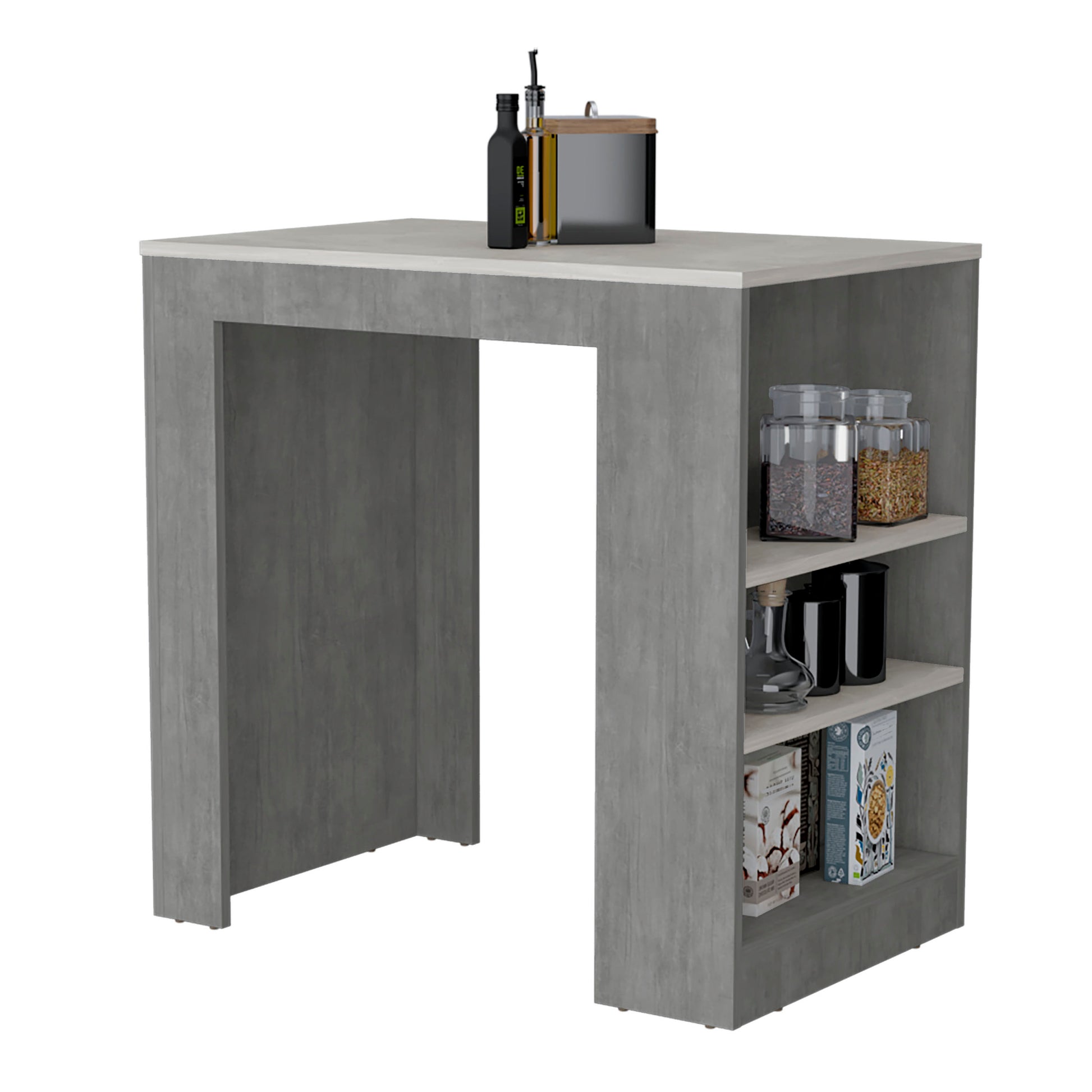 Kitchen Island, Kitchen Bar Table 36" H, 3 Side Shelves, Concrete Gray Ibiza Marble Color Finish Grey Multi Particle Board Pine