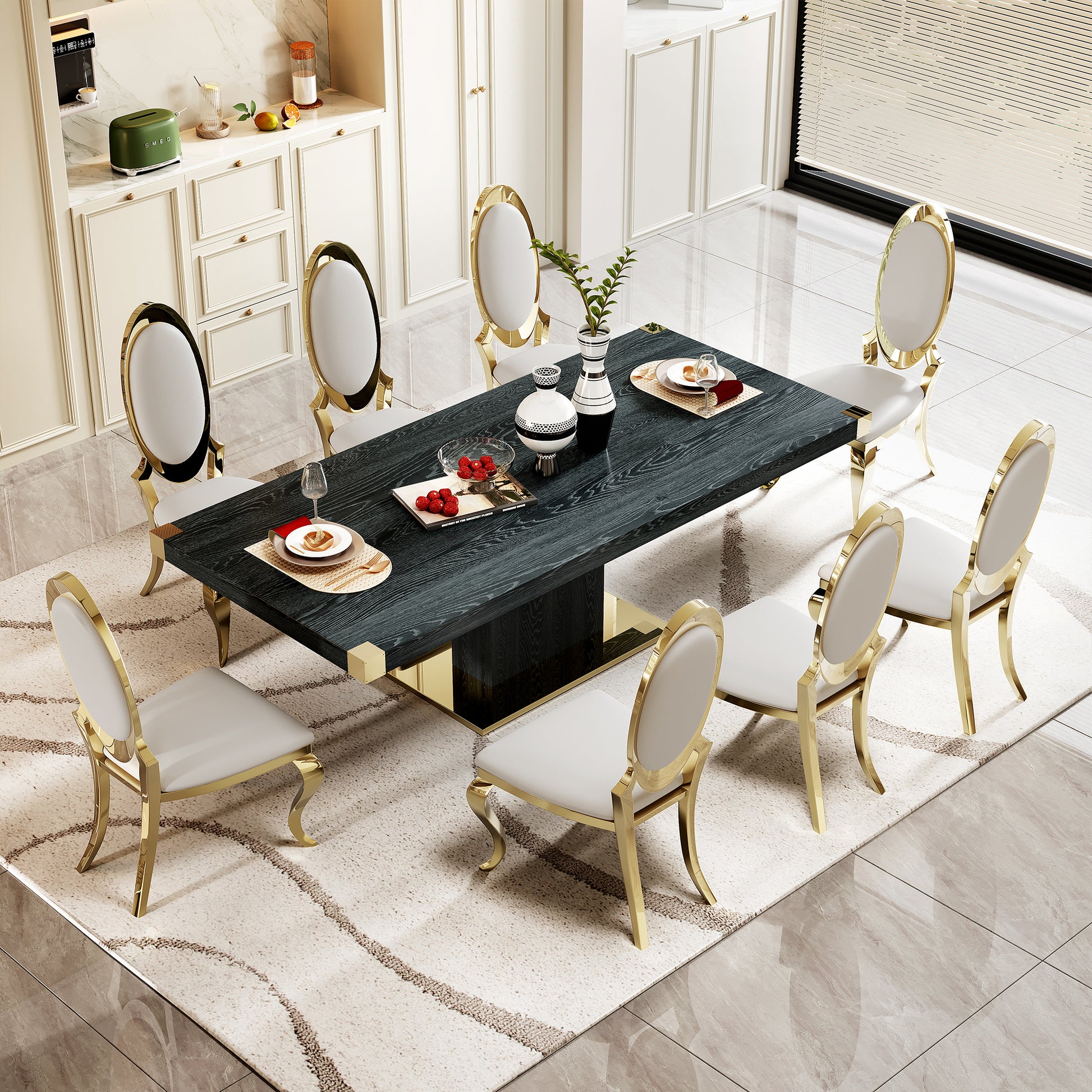 Mdf Top Dining Table With Gold Finish Corner, Mdf Pillar And Gold Finish Stainless Steel Base Black Mdf