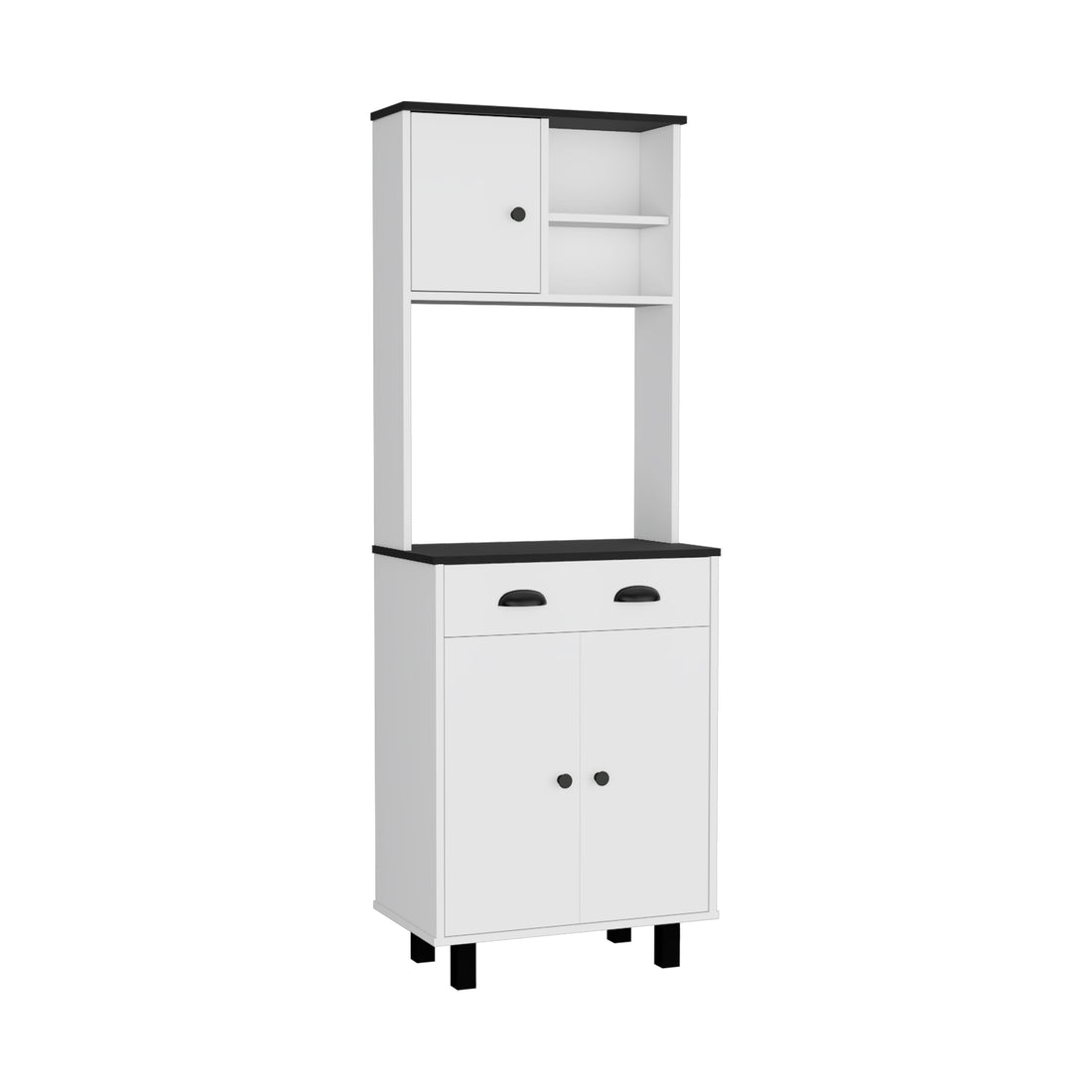 Depot E Shop Waco 67" H Kitchen Pantry With Two Cabinets, Two Open Shelves, And One Drawer,White Black White Black Primary Living Space Modern Particle Board Pine