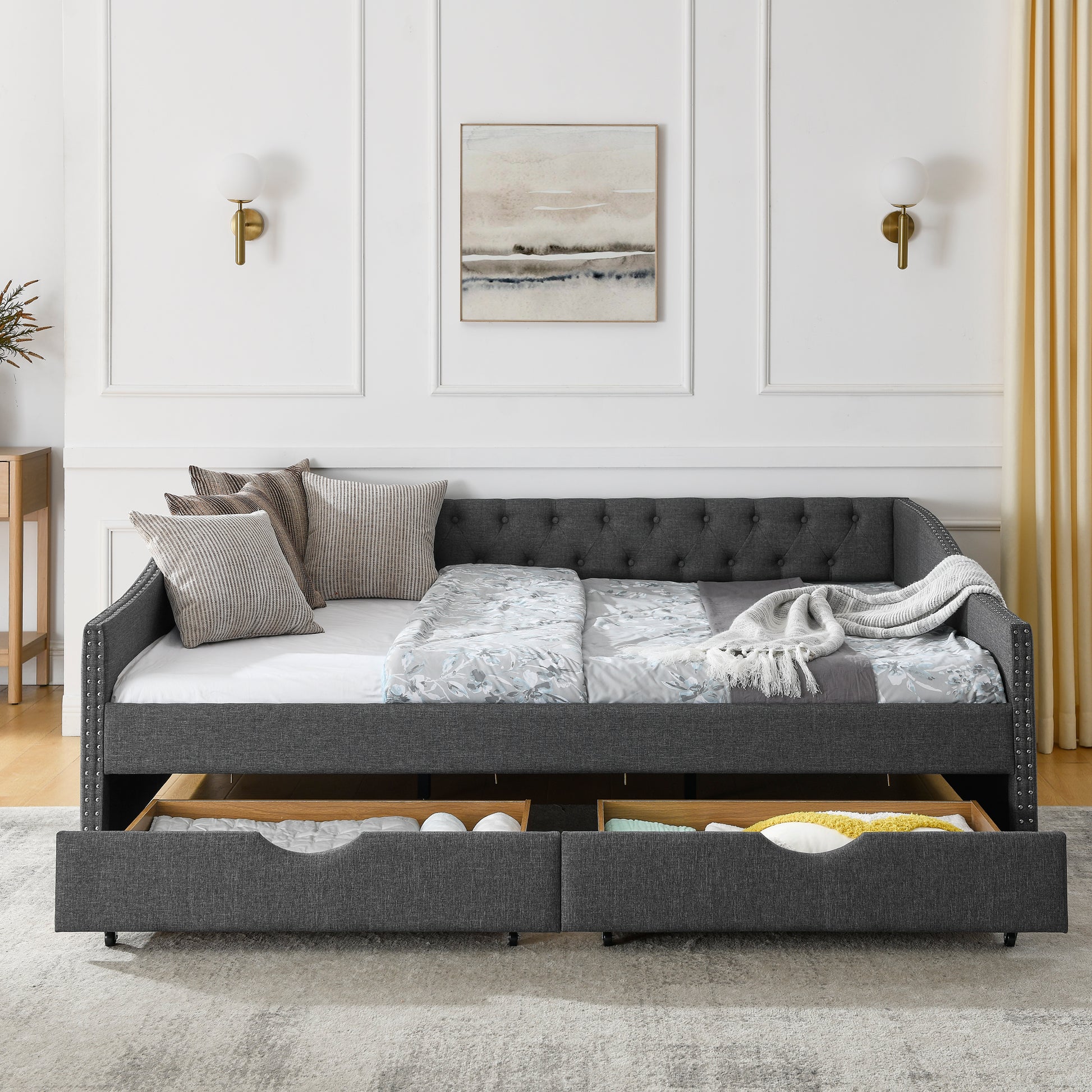 Queen Size Daybed With Drawers Upholstered Tufted Sofa Bed,With Button On Back And Copper Nail On Waved Shape Arms 84.5"X63.5"X26.5" Dark Grey Linen