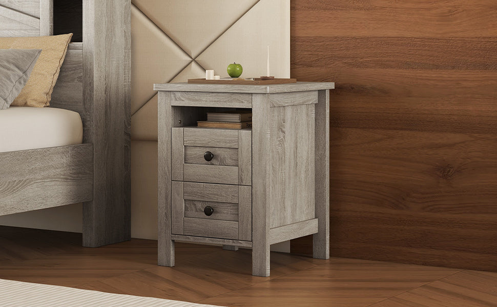 2 Drawer Farmhouse Wooden Nightstand With Well Proportioned Design And Sleek Lines, Wood Side Table With Storage Cabinet For Bedroom, Antique Gray Antique Gray Particle Board