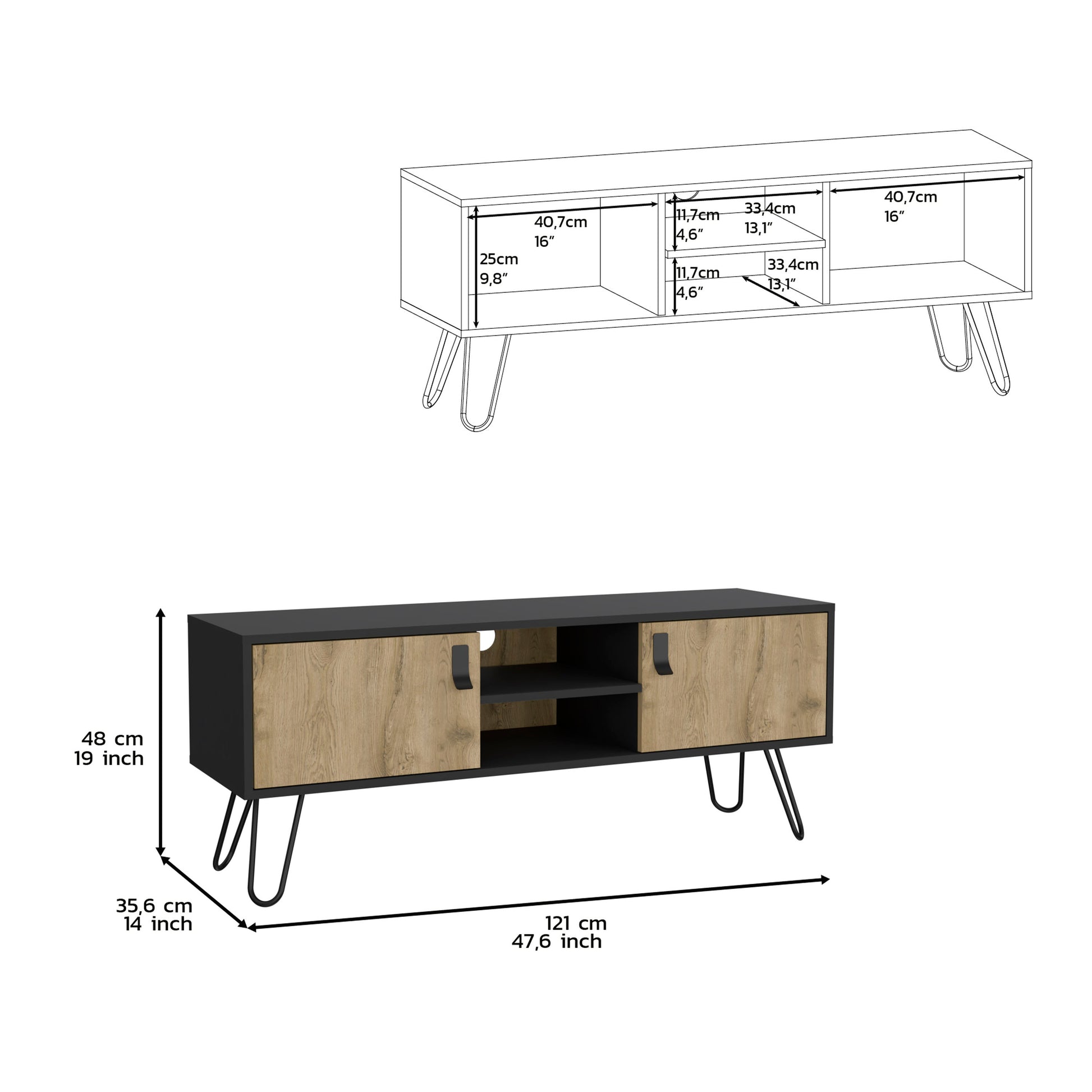 Toka Hairpin Legs Tv Rack With Media Center And 2 Door, Black Macadamia Black Multi 40 49 Inches Particle Board Pine