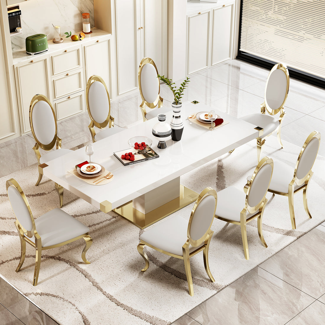 Mdf Top Dining Table With Gold Finish Corner, Mdf Pillar And Gold Finish Stainless Steel Base White Mdf