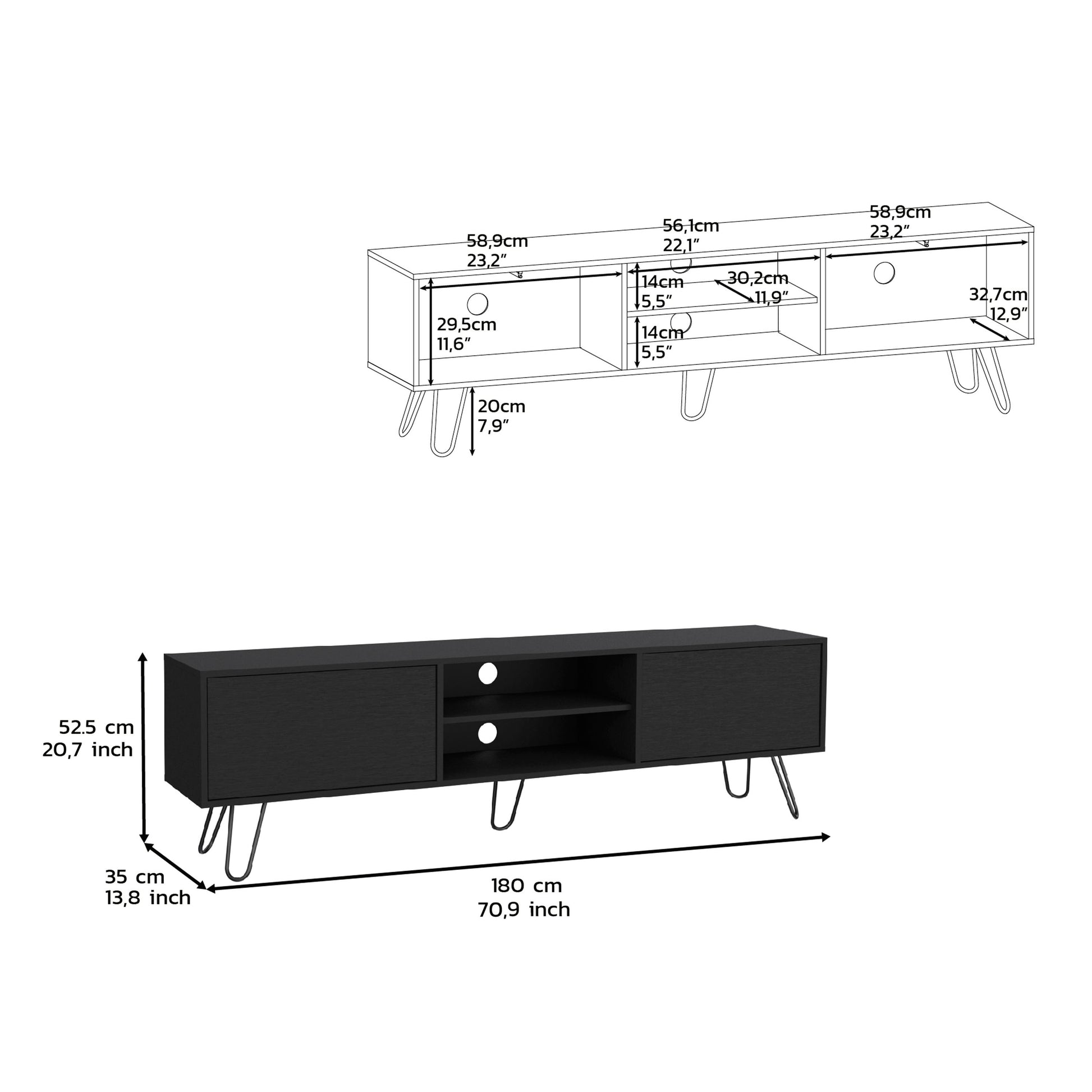 Waco Tv Rack, Hairpin Stand With Spacious Storage And Cable Management Holes, Black Black 50 59 Inches Particle Board Pine