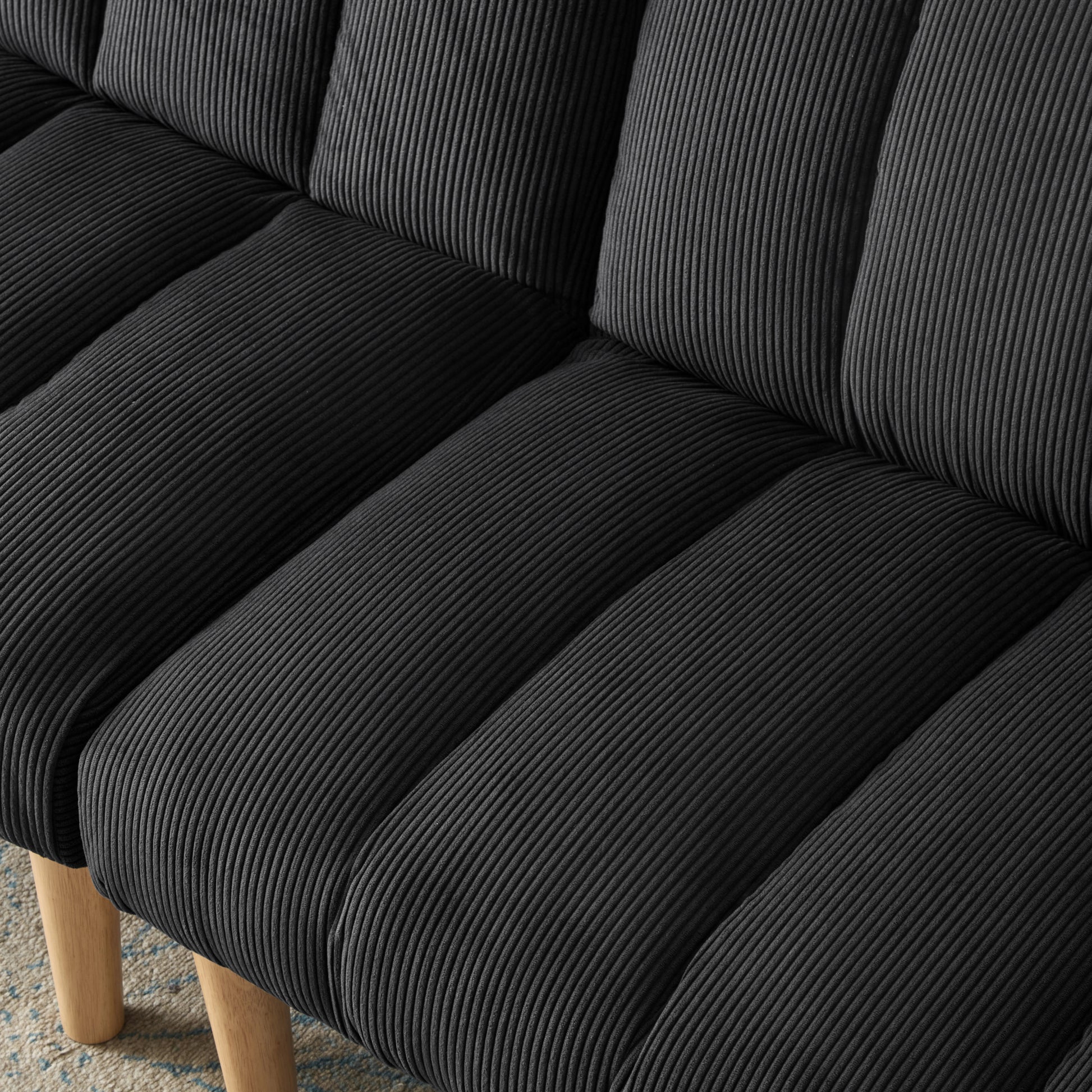 Corduroy Fabric, Wooden Legs Convertible Sofa Bed Color:Black Black Corduroy 3 Seat