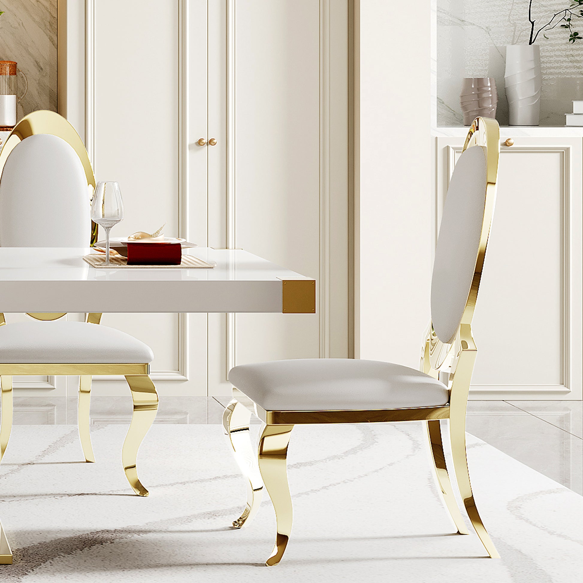 Mdf Top Dining Table With Gold Finish Corner, Mdf Pillar And Gold Finish Stainless Steel Base White Mdf