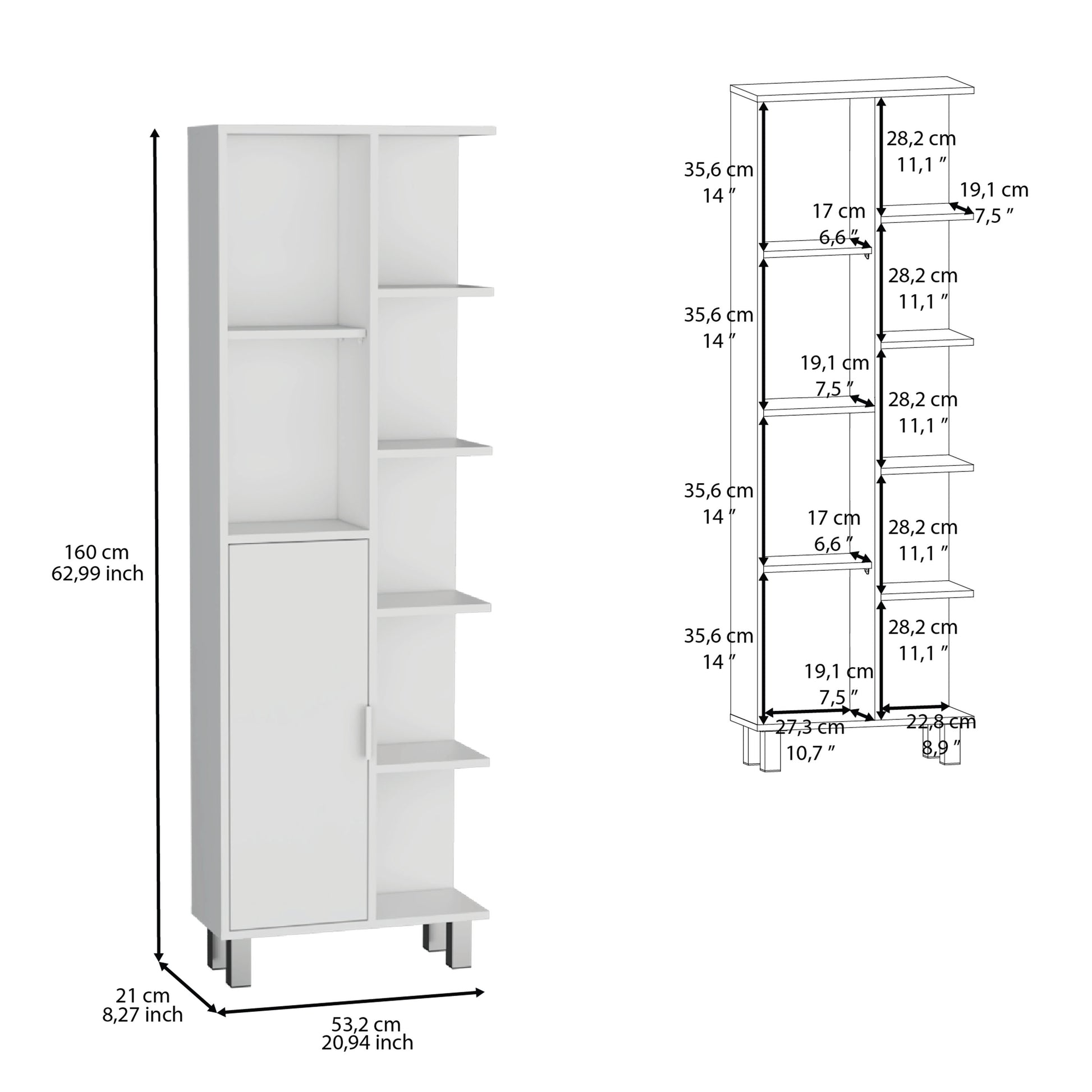 Mott 63" H Linen Bathroom Cabinet With Seven Open Shelves, One Drawer And Four Legs,White White Particle Board Pine