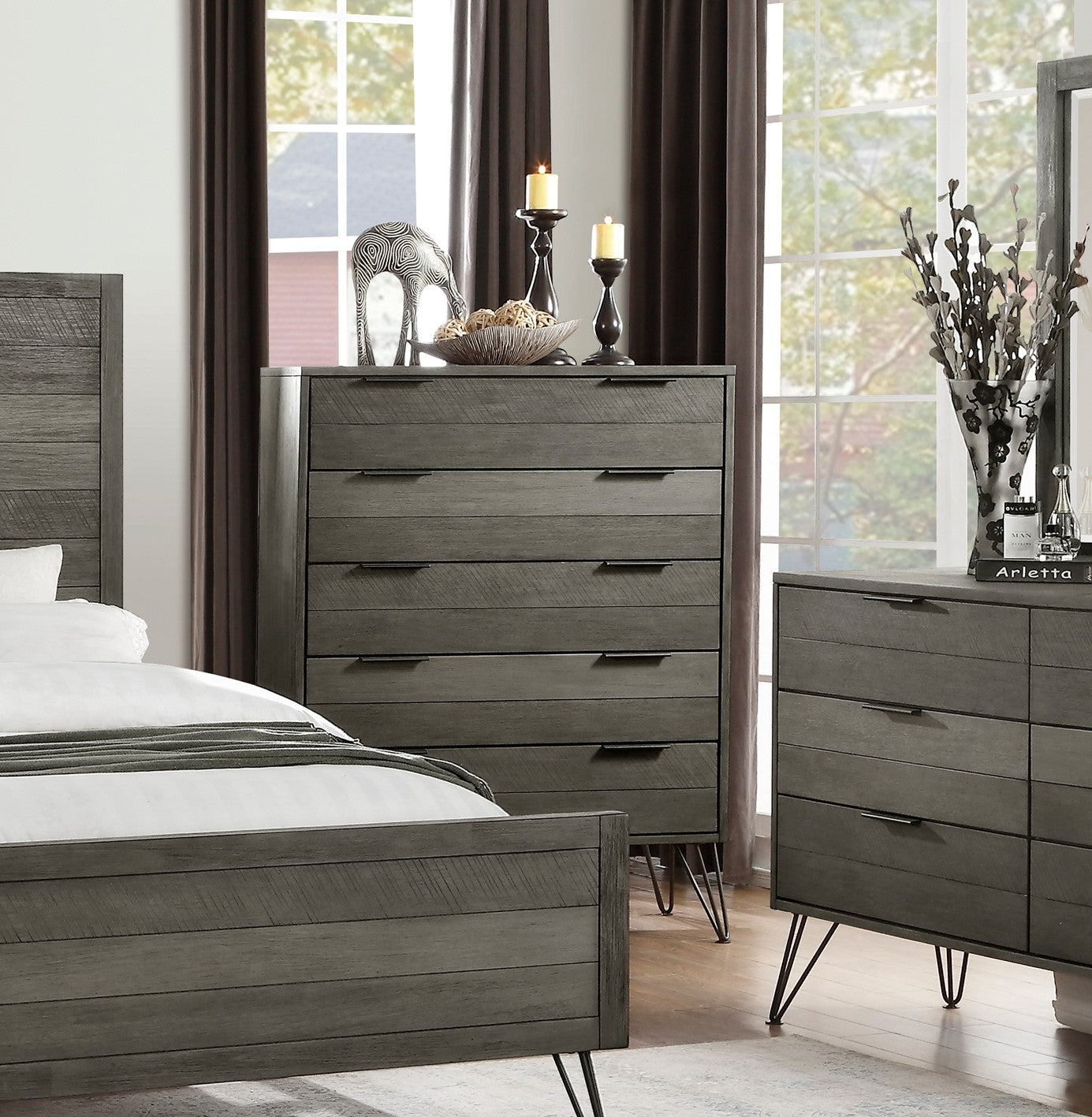 Contemporary Three Tone Gray Finish Chest Of Drawers Perched Atop Metal Legs Acacia Veneer Modern Bedroom Furniture Gray Bedroom Wood